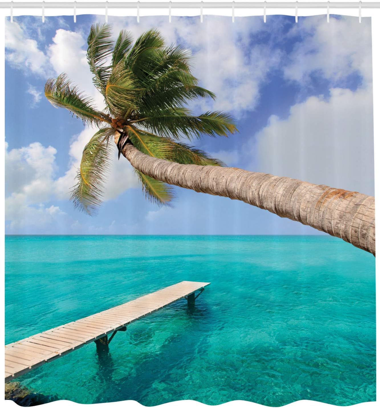 Ambesonne Beach Shower Curtain, Palm Tree Bend Over Tropical Beach Clear Ocean Jetty Landmark Picture Print, Cloth Fabric Bathroom Decor Set with Hooks, 69" W x 70" L, Aqua Blue Green