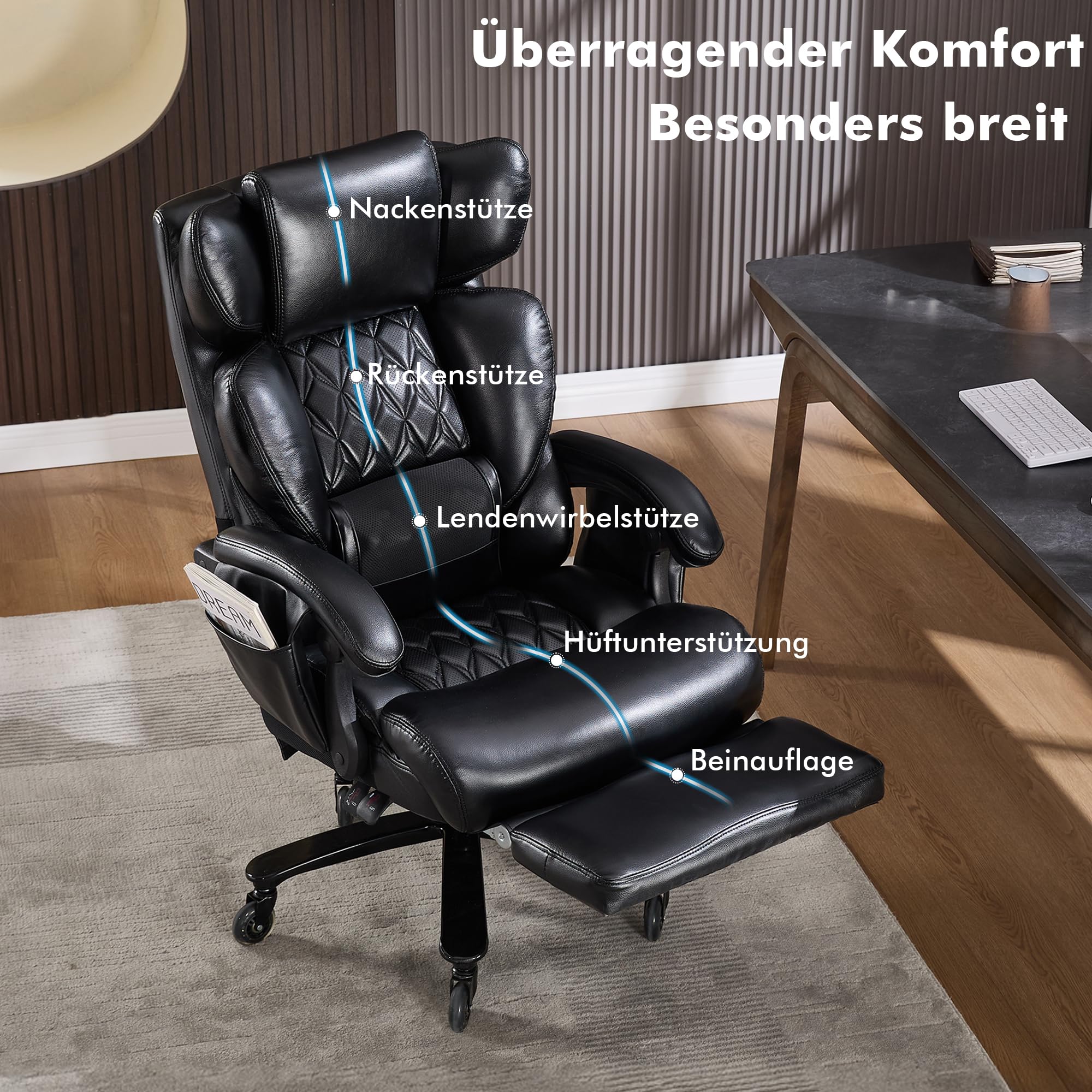 DEKKETO Bürostuhl Ergonomisch mit Fußstütze, PU Leder Chefsessel mit Massagefunktion, Verstellbare Kopfstütze und Lendenstütze, Rückenlehne, Drehstuhl mit Staufächern, Schwarz