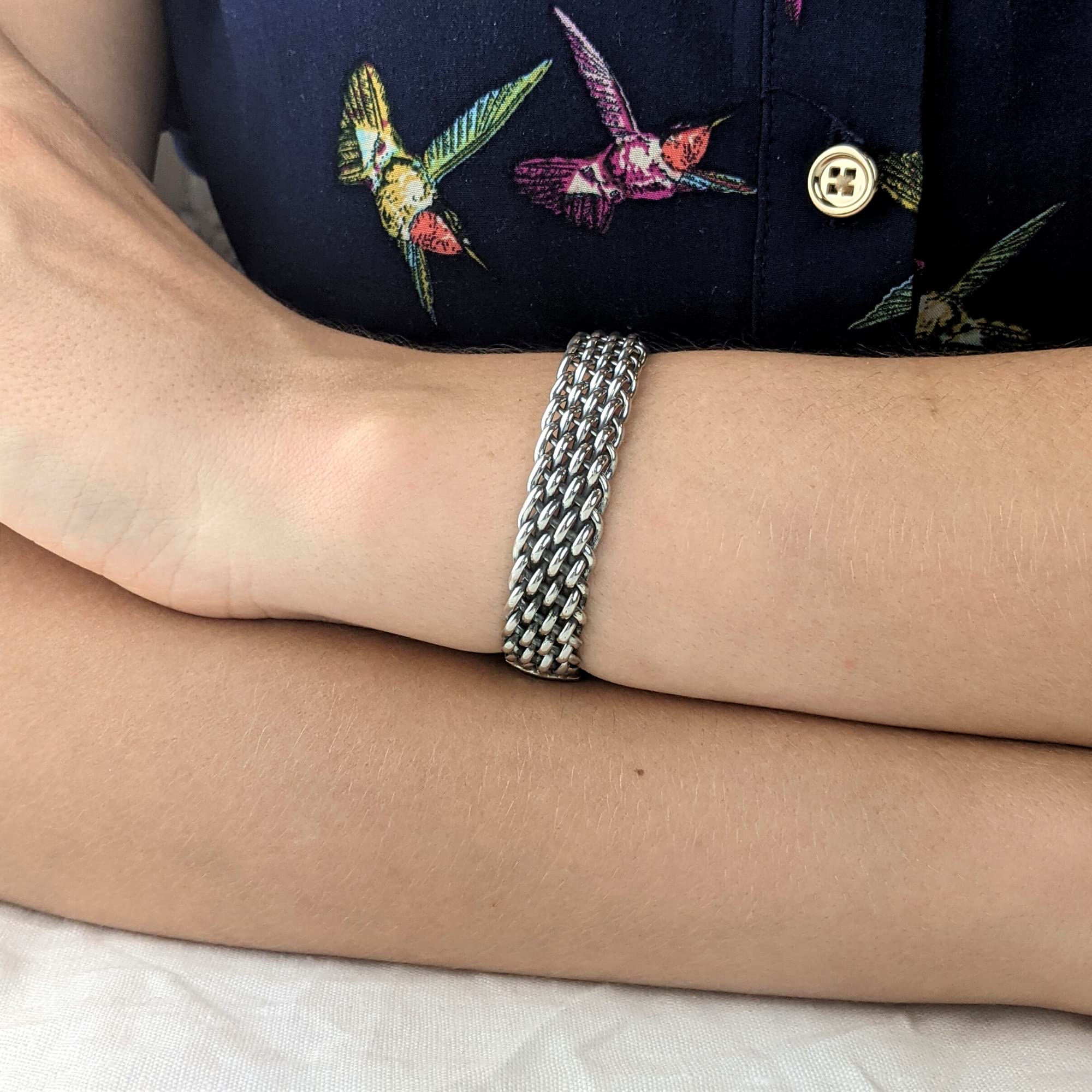Silverly Bracciale Rigido Regolabile con Maglie a Catena in Argento Sterling 925 per Donna | Design a Intreccio di Canestro | Bracciale Largo in Argento Massiccio Stile Maglia Metallica per Uomo
