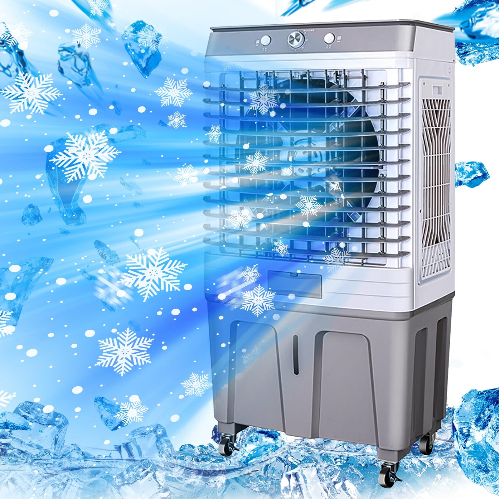 MESOVFCA Portable Evaporative Cooler Air Conditioner with 60L Water Tank, 4 Ice Boxes, 3 Speeds for Home, Office, Garage Cooling