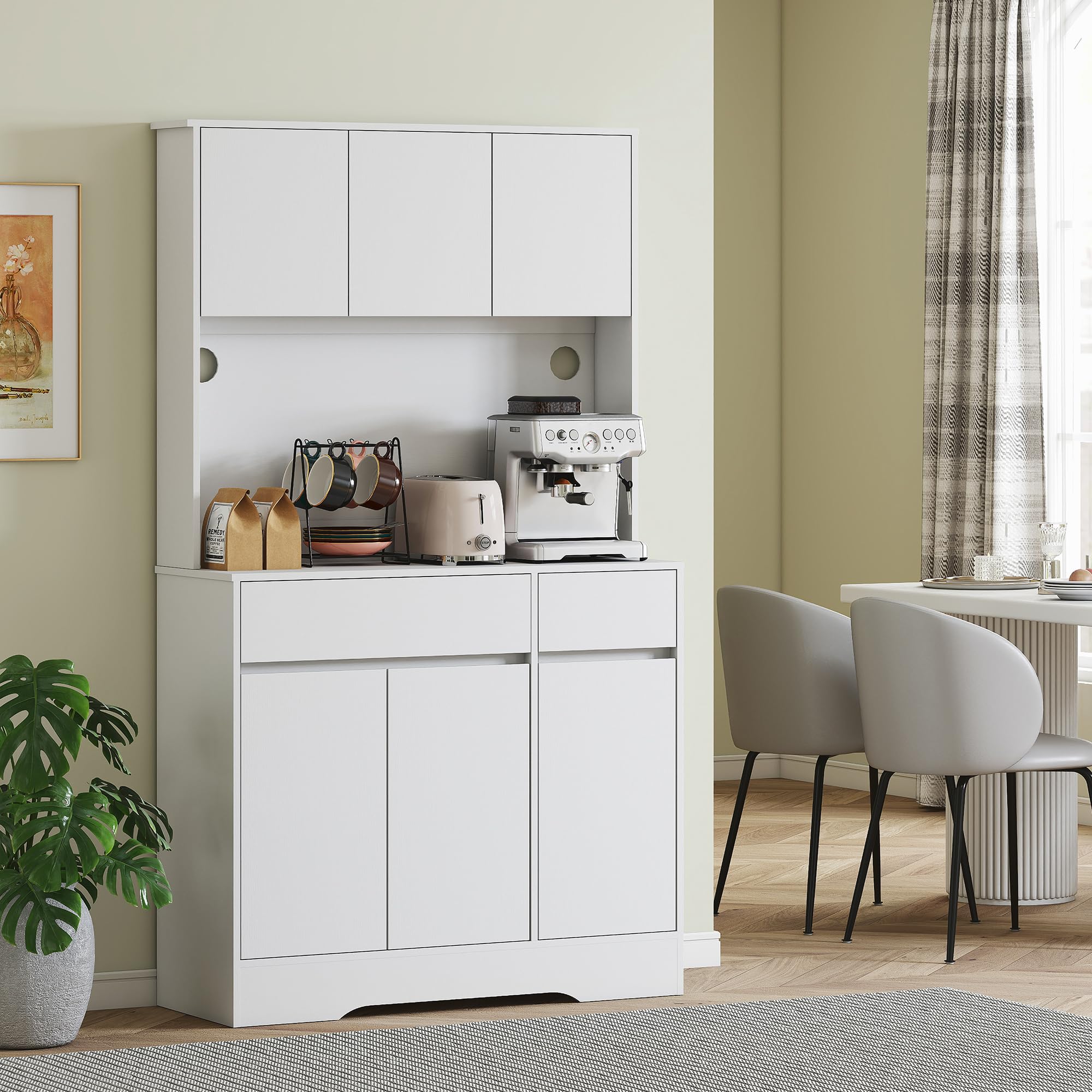 HOMCOM Credenza Cucina Alta con 6 Ante e 2 Cassetti, Mobile Cucina con Passacavi, Mobile Dispensa con Ripiani Regolabili e Piano per Microonde, per Sala da Pranzo e Soggiorno, 100x38x180 cm, Bianco