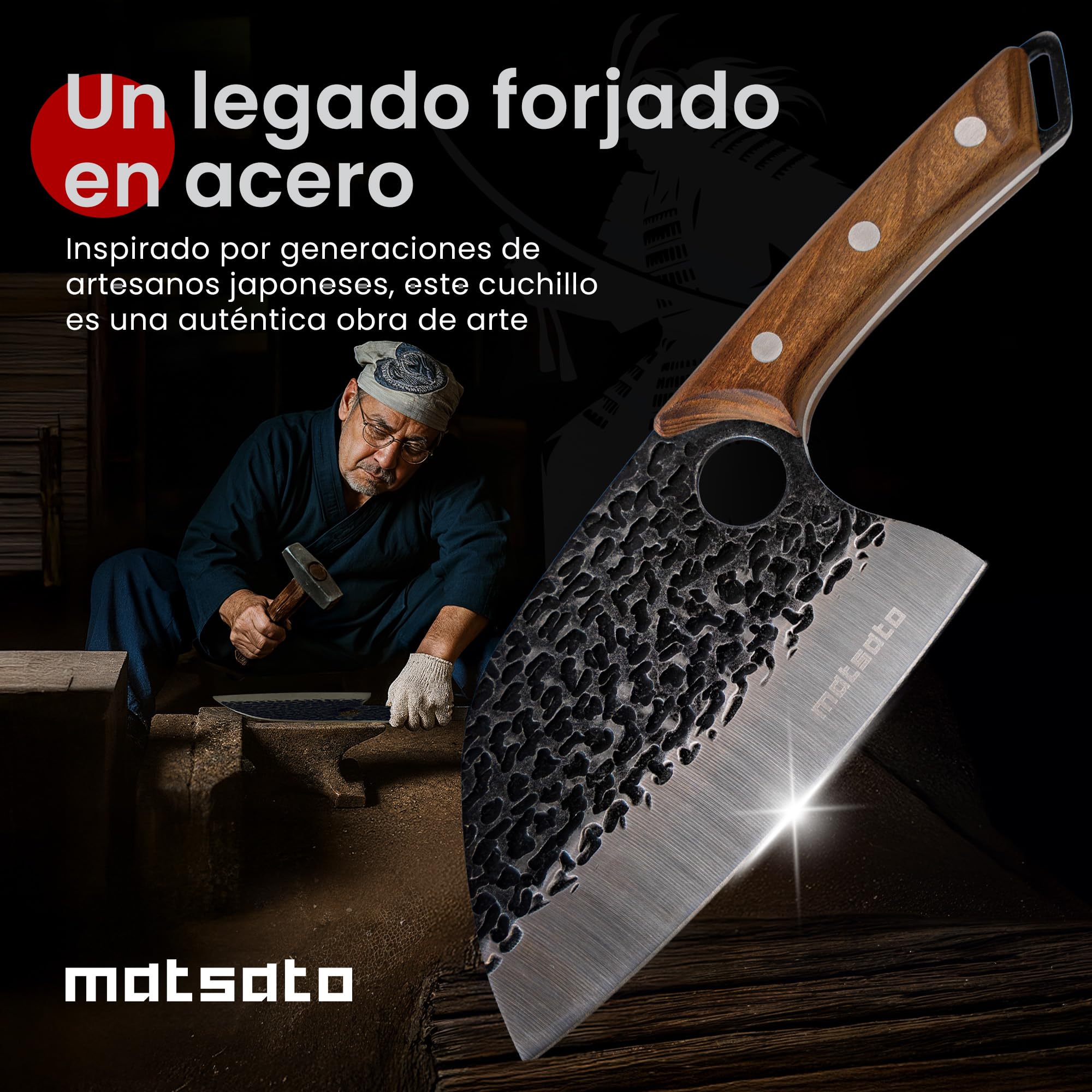 Matsato Cuchillo Carnicero Profesional de Acero Inoxidable con Mango Ergonómico de Madera de Haya, Cuchillo de Cocina Multifuncional para Cortes de Carne, Huesos y Verduras