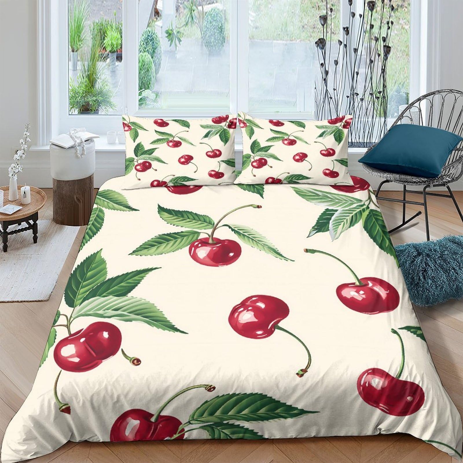 Ctjqhvkz Style-6 3D Printed Cherry Leaf Fitted Sheet Microfiber Soft Bedroom Decor Red Fruit Bed Cover For Home Dorm Guest Room Single（135X200cm）