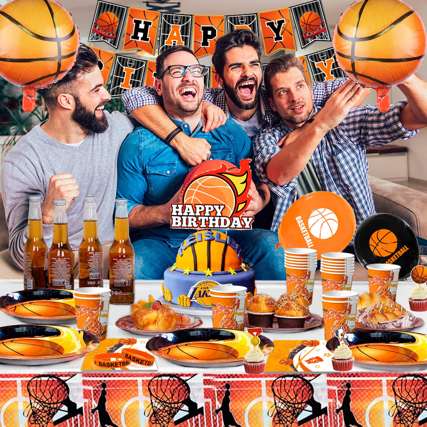 Forniture per Feste di Compleanno Pallacanestro,98 Pezzi Set di Stoviglie Decorazioni per Feste di Pallacanestro Basket Piatto Tovaglioli Tazze Tovaglia etc Forniture Festa di Compleanno Tema Basket