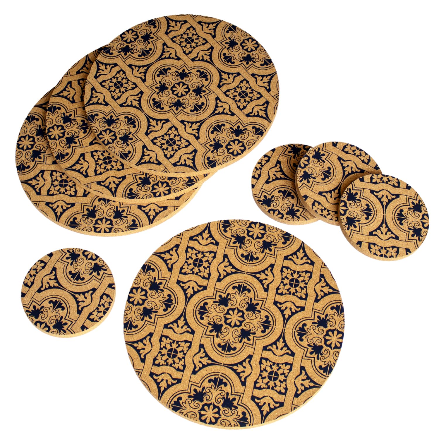 Darthome Blue, Brown Set Of 4 Mediterranean Tile Cork Placemats & Coasters Round Blue Dining Tableware Mats