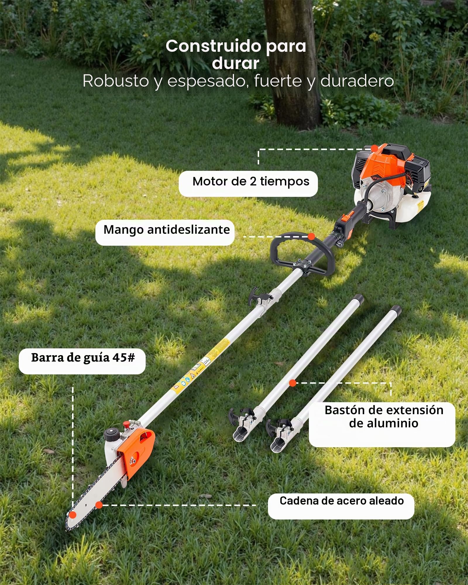 VEVOR Motosierra de Pértiga a Gasolina, Motosierra Inalámbrica de 43 cc y 2 Tiempos con Barra de Corte de 25,4 cm, Cabezal Giratorio, y Extensible de 2,11 a 3,61 m para Podar Árboles, Naranja