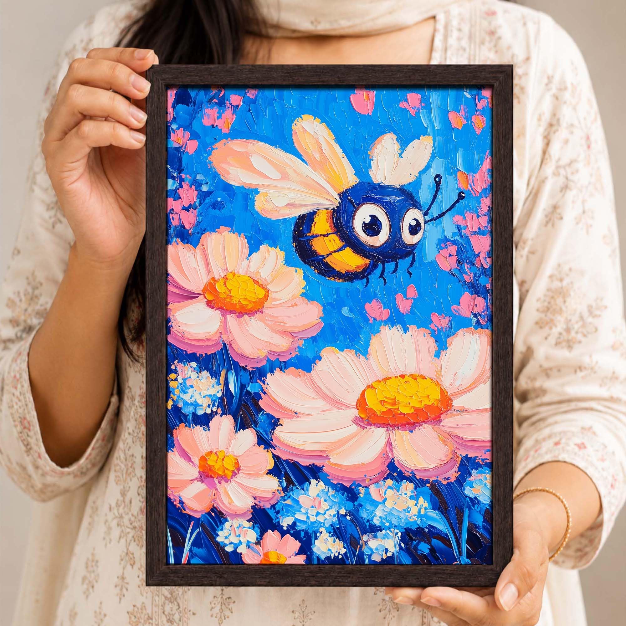 PAPER PAJAMA - Whimsical Bumble Bee and Pink Daisy Floral Garden Framed Wall Art Colorful Nature Illustration Painting for Kids Room Nursery Bedroom Decor - 10x13 Inches 3