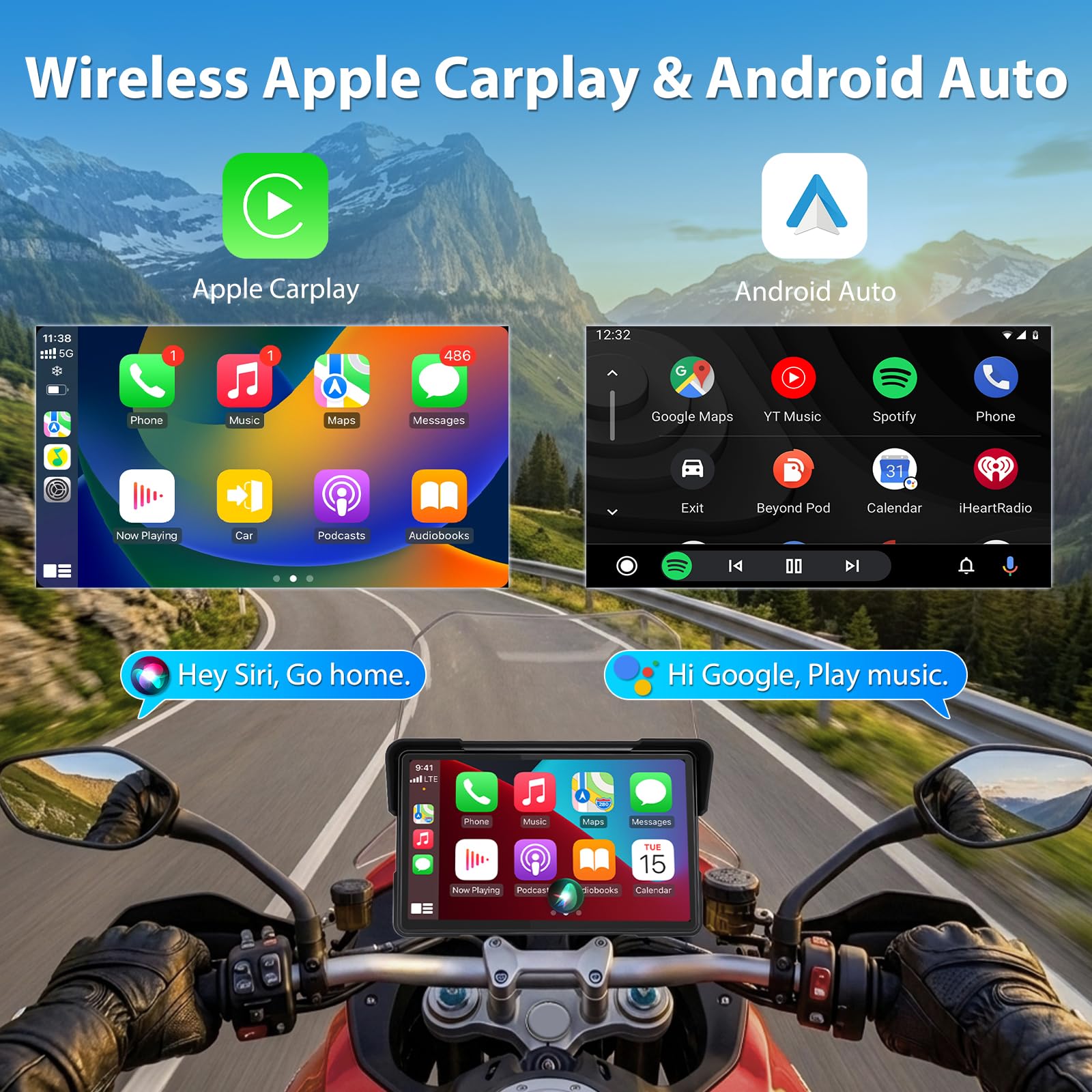 Vtopek 7" Carplay Moto Écran avec TPMS & 2 Options d'alimentation (USB/ACC) | Sans fil Carplay Android Auto, Navigation GPS Moto, IP67 Étanche, Double-Bluetooth, Commande Vocale, Pour Toutes les Motos