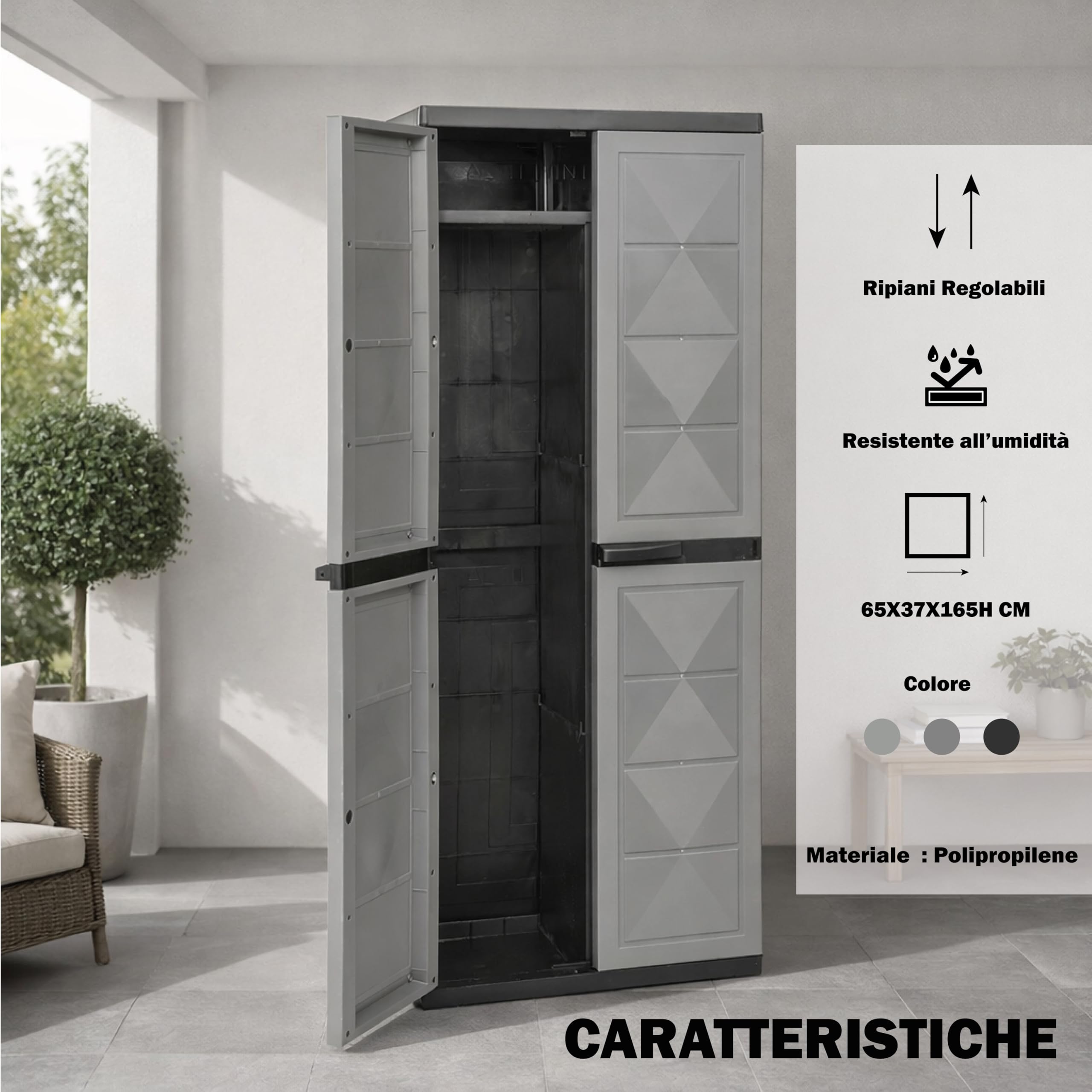 Armadio Basic Line con 3 Ripiani 1 Porta in Polipropilene Grigio 65x37x165h cm per Interno ed Esterno