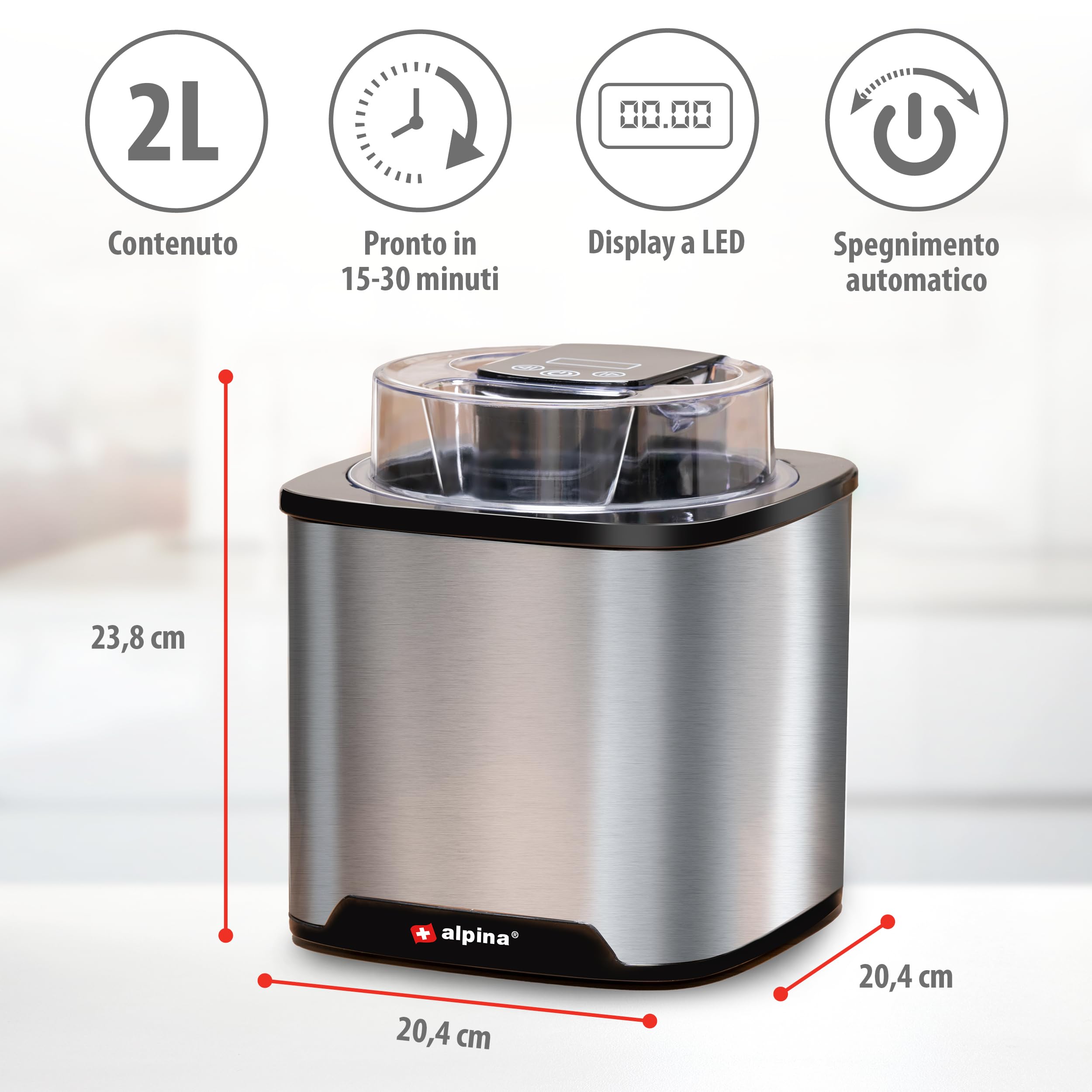 alpina Gelatiera Refrigerante 2L, Macchina Gelato, Yogurt Gelato, Sorbetto, Doppio Isolamento, Ice Cream Maker Autoattivante, Acciaio Inossidabile, Colore Argentoe Argento