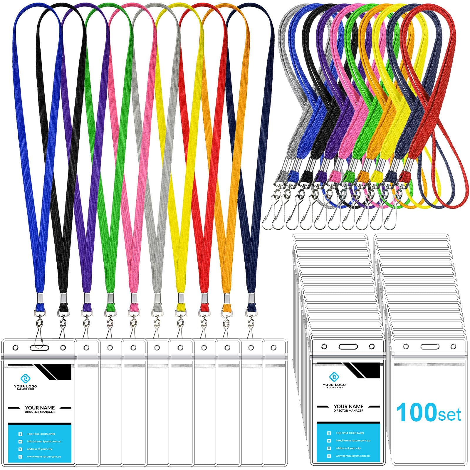 Marspark 100 Set Multicolor Name Tag Lanyards with Vertical ID Holders