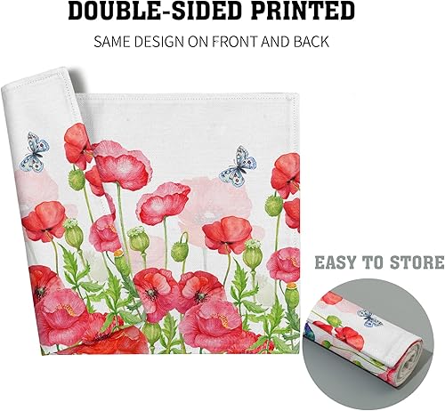Miniatura 5 de Juego de 4 manteles individuales con estampado de amapola roja de acuarela, manteles individuales florales con flores botánicas para el hogar y la