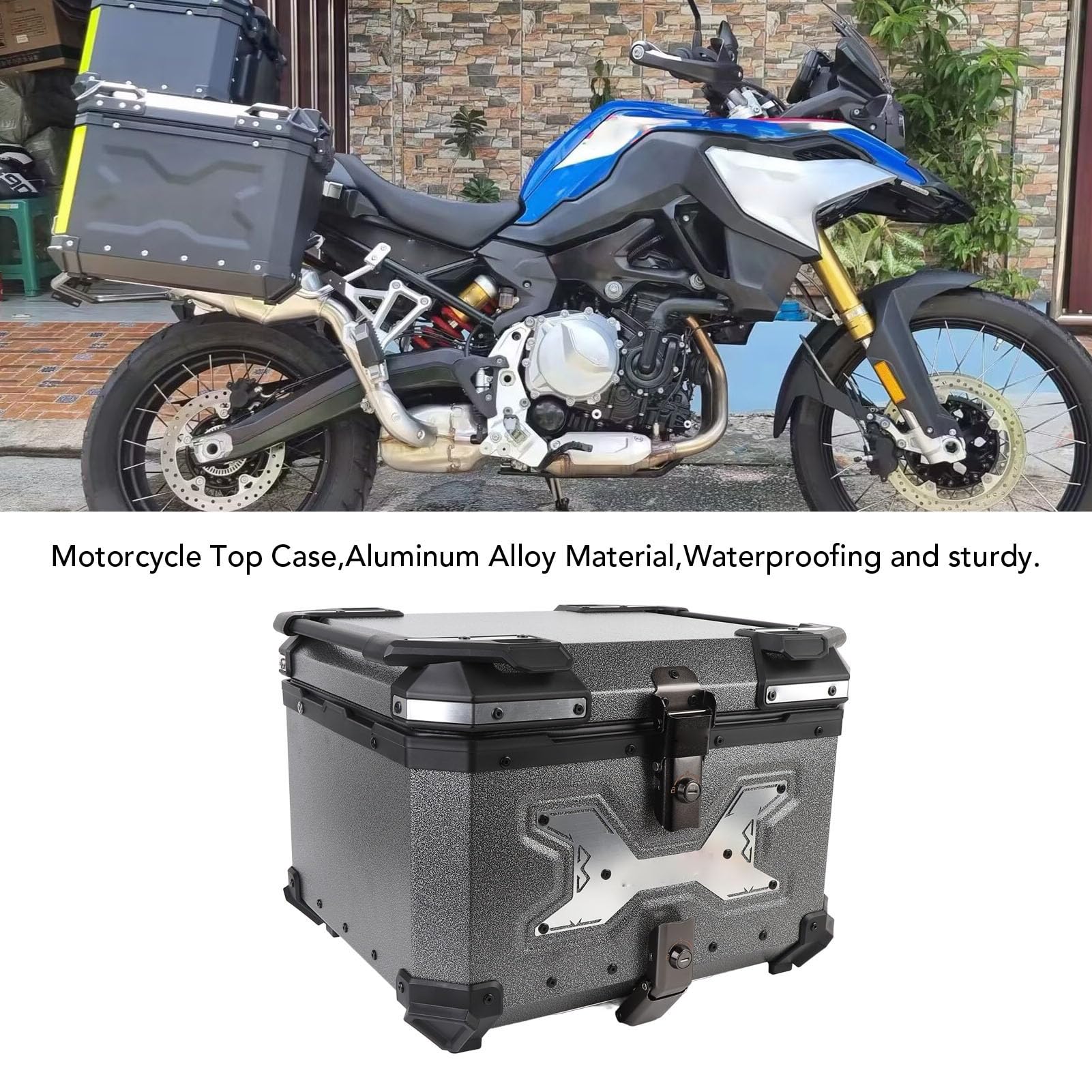 Generic Kufer Górny Motocykla 55 L – Pudełko ze Stopu Aluminium z Bezpiecznym Zamkiem, Przeznaczone do Przechowywania Kasku, Przestronny Tylny Bagażnik na Niezbędne Akcesoria Podróżne