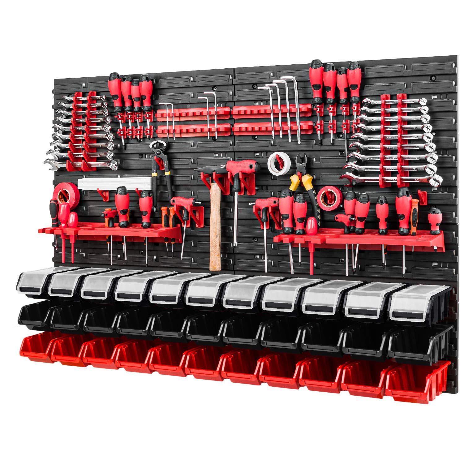 Werkzeugwand - 1152 x 780 mm - Lagersystem SET Lochwand mit Werkzeughaltern und Stapelboxen mit Deckel - Wandregal Werkstattregal Schüttenregal Sichtlagerkästen (Schwarz/Rot)