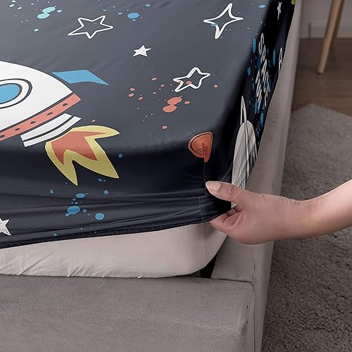 Miniatura 5 de Datura home Space Ship - Juego de sábanas de 4 piezas con estampado de cohete espacial de astronauta con 1 sábana encimera y 1 sábana bajera + 2