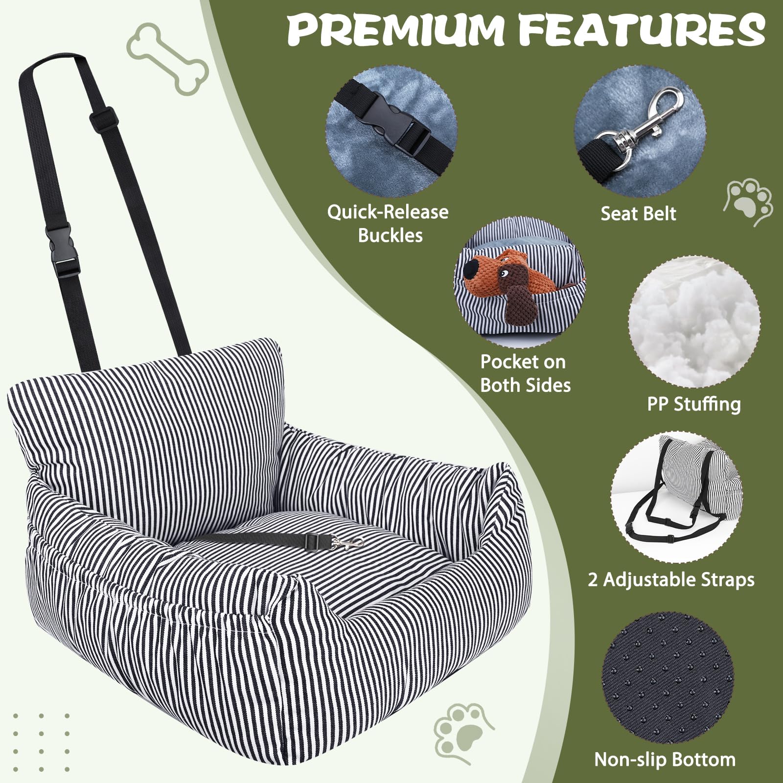 Asiento Perro Coche Pequeño, Cama Perro Coche Segura y Cómoda, Silla Perro Coche Estable con Correa de Seguridad y Bolsillos Laterales, para Coche, SUV, Truck