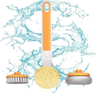 Kitchen Dish Brush - Pot Pan Brush with 3 Replacement Heads,Multifunctional Long Handle Dish Cleaning Tools for Cookware, Kitchen Sink, Pots, Pans, Dishes Mobyat