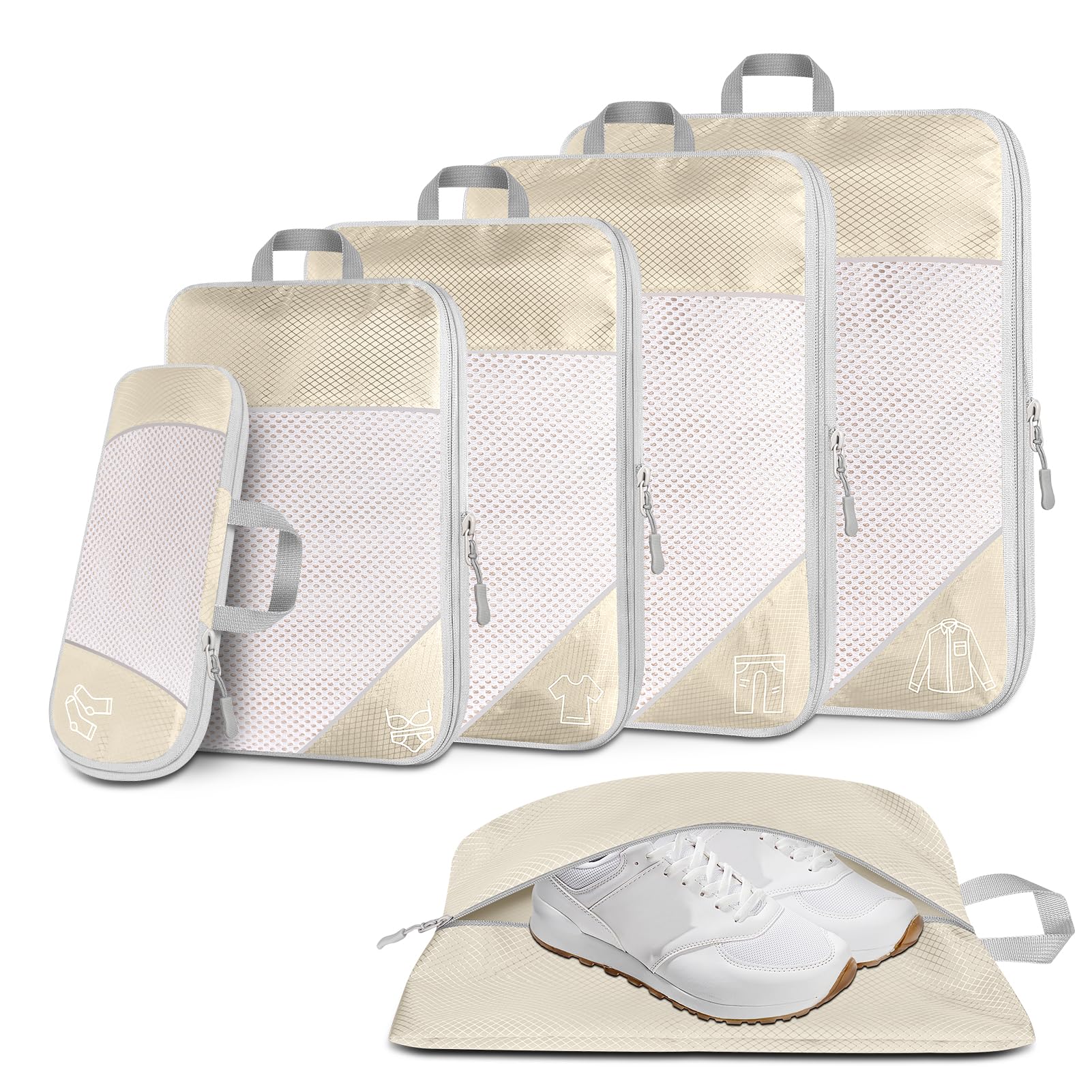 6 Teilige Kompression Packing Cubes,mit Kleidertaschen Schuhtaschen (Beige) | Leichte, Organisation Ihres Reisegepäcks, Platzsparend, Sorgfältige Verarbeitung, Robust und langlebig