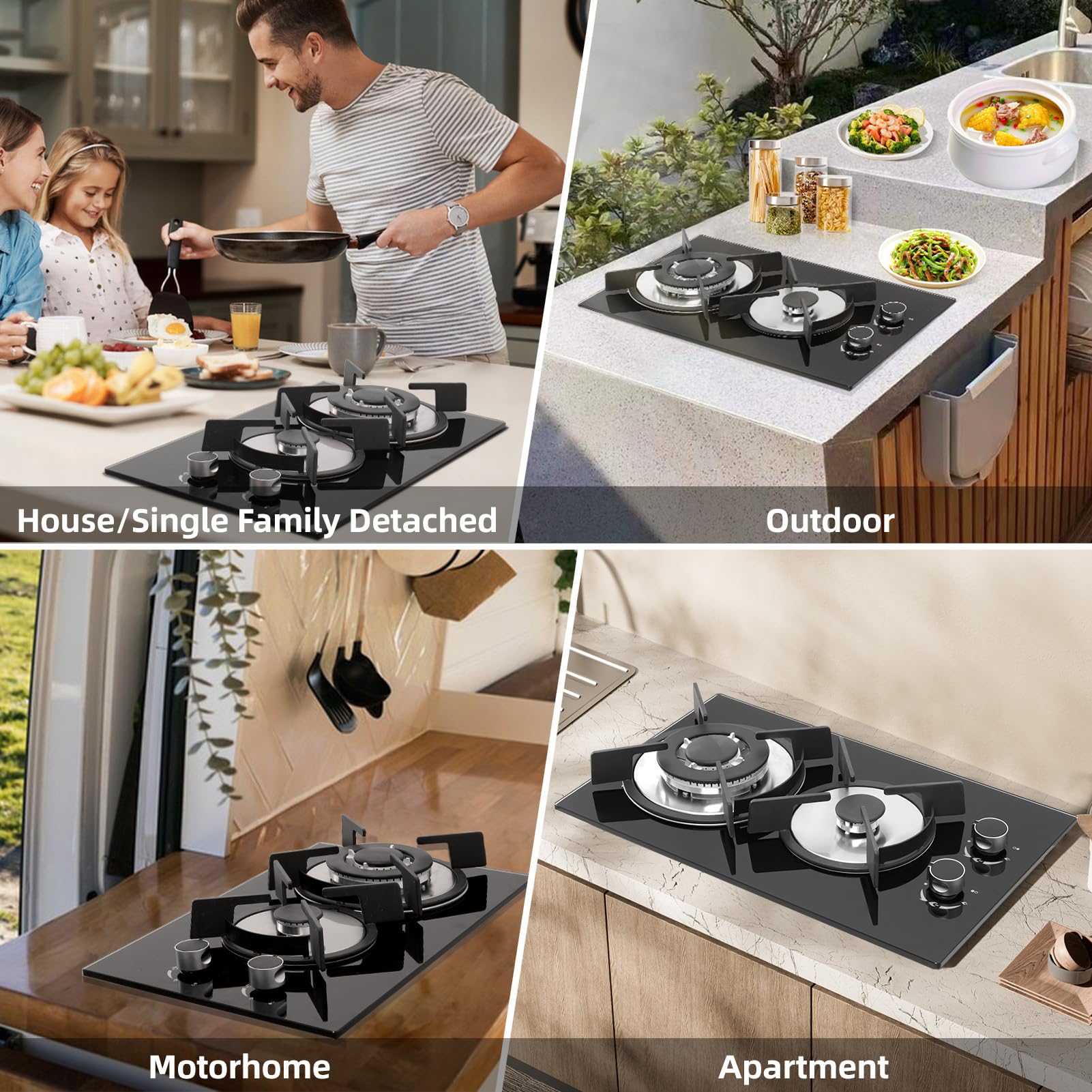 5050W Gas Hob 2 Burners, NG/LPG Convertible Induction Hob, 51cm Built-in Tempered Glass Panel, Electronic Lgnition + Flame Failure Protection (Black) — view 8