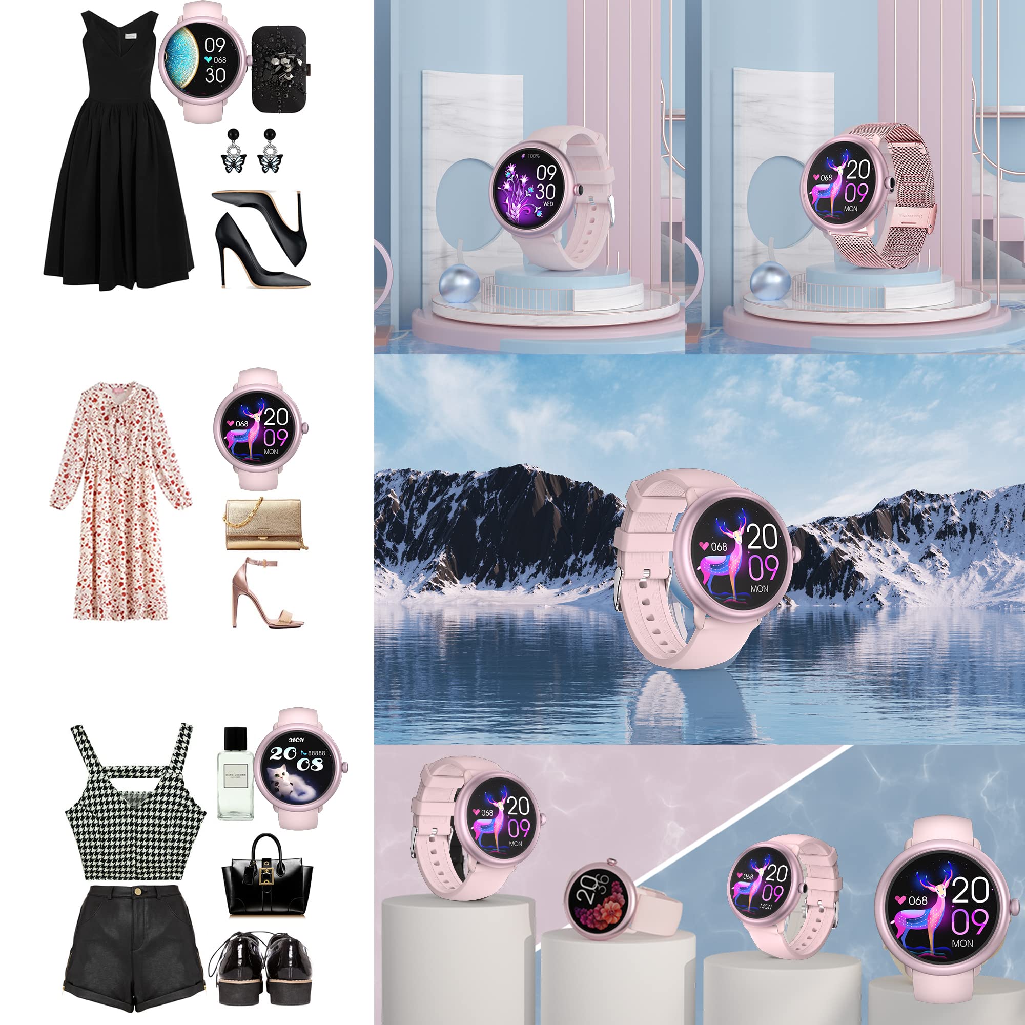 Damski smartwatch z funkcją kobiet, 1,09", inteligentny zegarek do systemu Android iOS, wodoodporny IP68, sportowy smartwatch z monitorem snu, SpO2, krokomierzem (różowy)