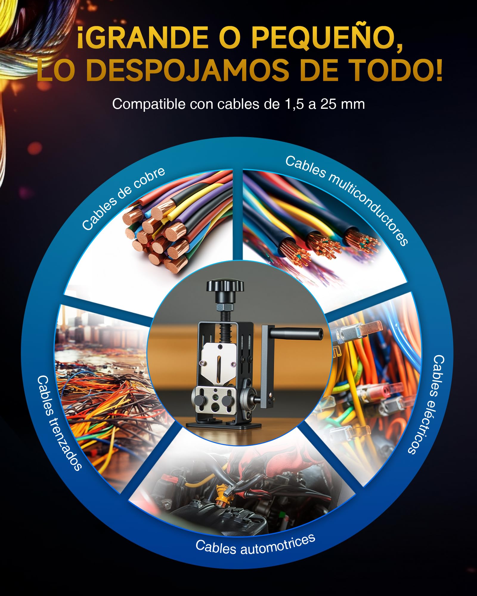 CREWORKS Máquina Pelacables Manual de 1,5 a 25 mm, Pelacables de Cobre compatible con Taladros para Alambre de Chatarra con 2 Placas de Orificio de Alimentación
