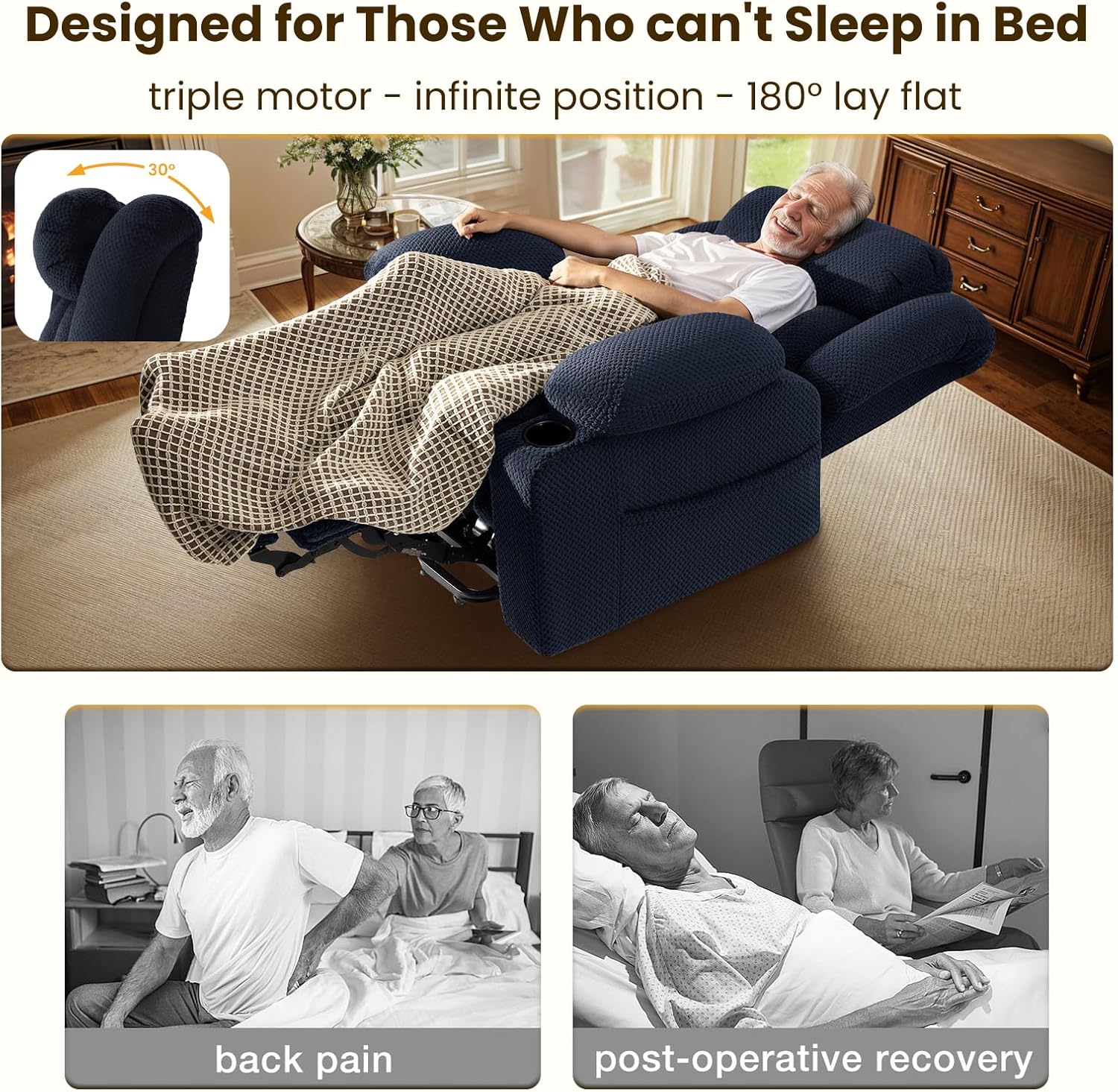 Triple Motor Large-Wide Power Lift Recliner Chair for Elderly, Lay Flat Lift Chair with Power Headrest, Heat & Massage, Infinite Positions, Plush Flannel Upholstery - (Blue)