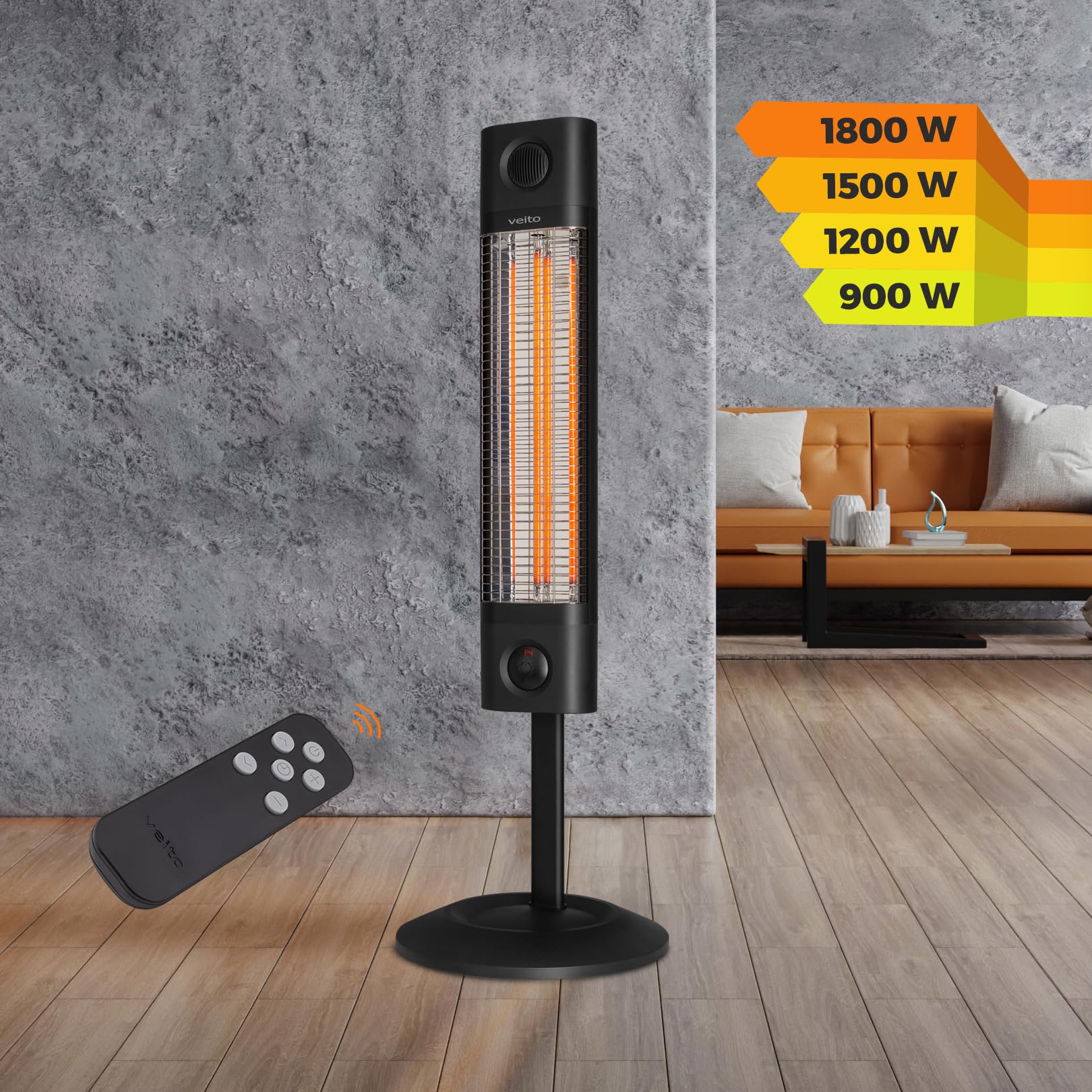 CH1800 RE Infrarot Standheizstrahler - 1800W, Höhenverstellbar, 4 Heizstufen, Fernbedienung, Sicherheitsfunktionen - Ideal für Terrasse, Balkon, Innenräume (schwarz)