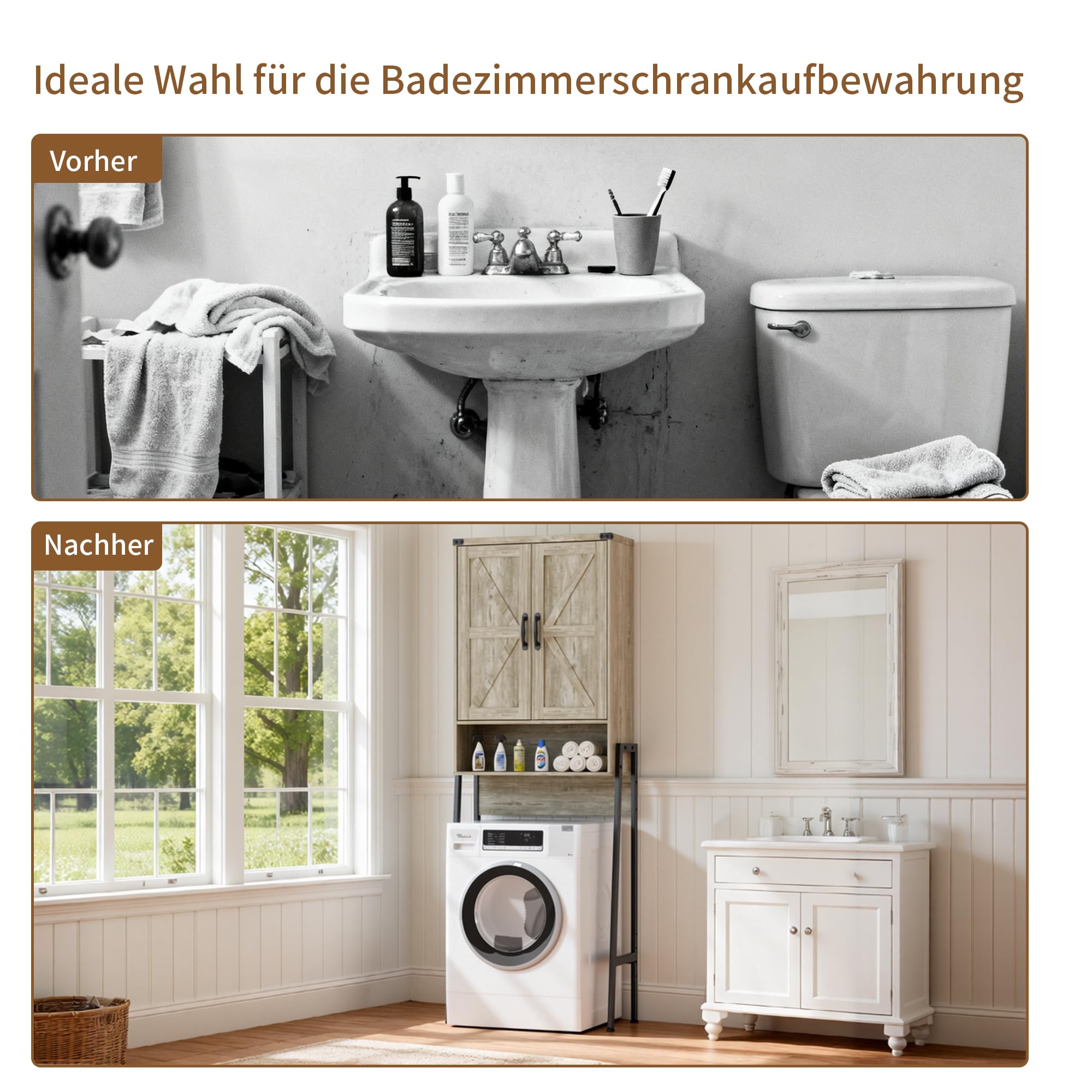 BonVache Toilettenregal mit 2 Türen, Badezimmerregal mit Schrank und Offene Fächer, Regalen für kleine Waschmaschinen, Toilettenschrank für Badezimmer, 171x59.6x25.3cm, Grau