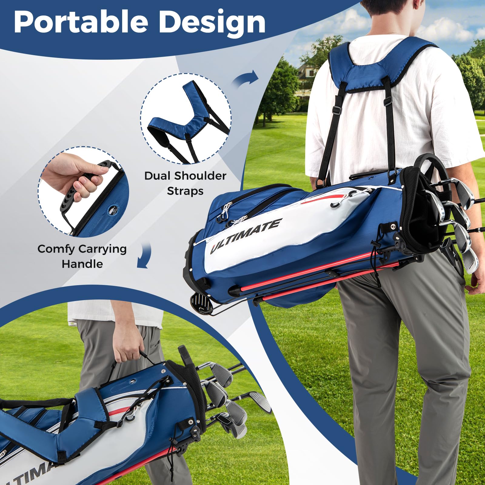 FANTASK 9 teiliges Golfset, Golfschläger Set mit Golftasche & Regenhaube, Herren Golfschlägersätze mit Putter, Driver & Fairway & Hybrid & Eisen, Blau