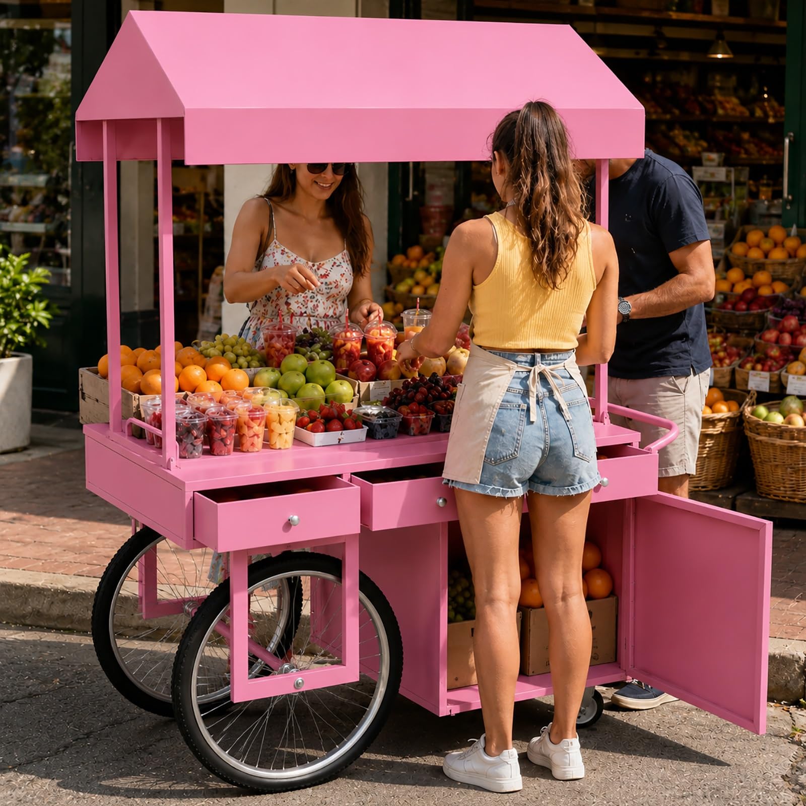 Banco Espositivo per Mercati Agricoli, Carretto per Venditori Con Tettuccio In Tessuto Oxford(Pink,120x70x200cm)