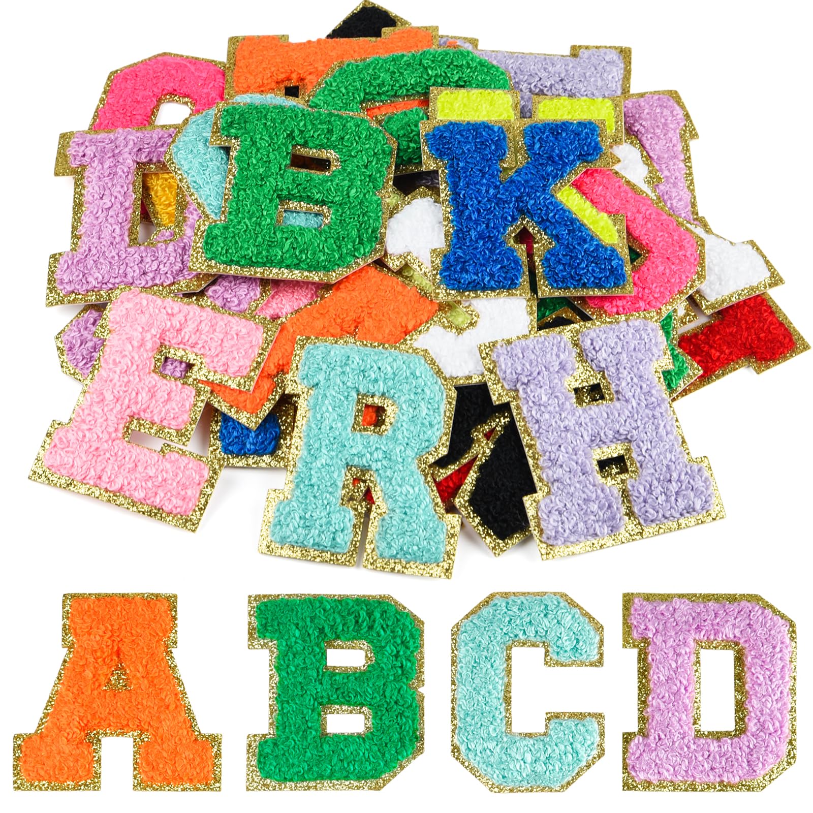 CHRORINE 26/52/104 Pcs Self Adhesive Chenille Letter Patches A-Z, Also Supports Sew or Iron on, Embroidered Alphabet Patches Stickers for DIY Clothing, Bags, Hats (26, Multicolor, Height 2.16″)