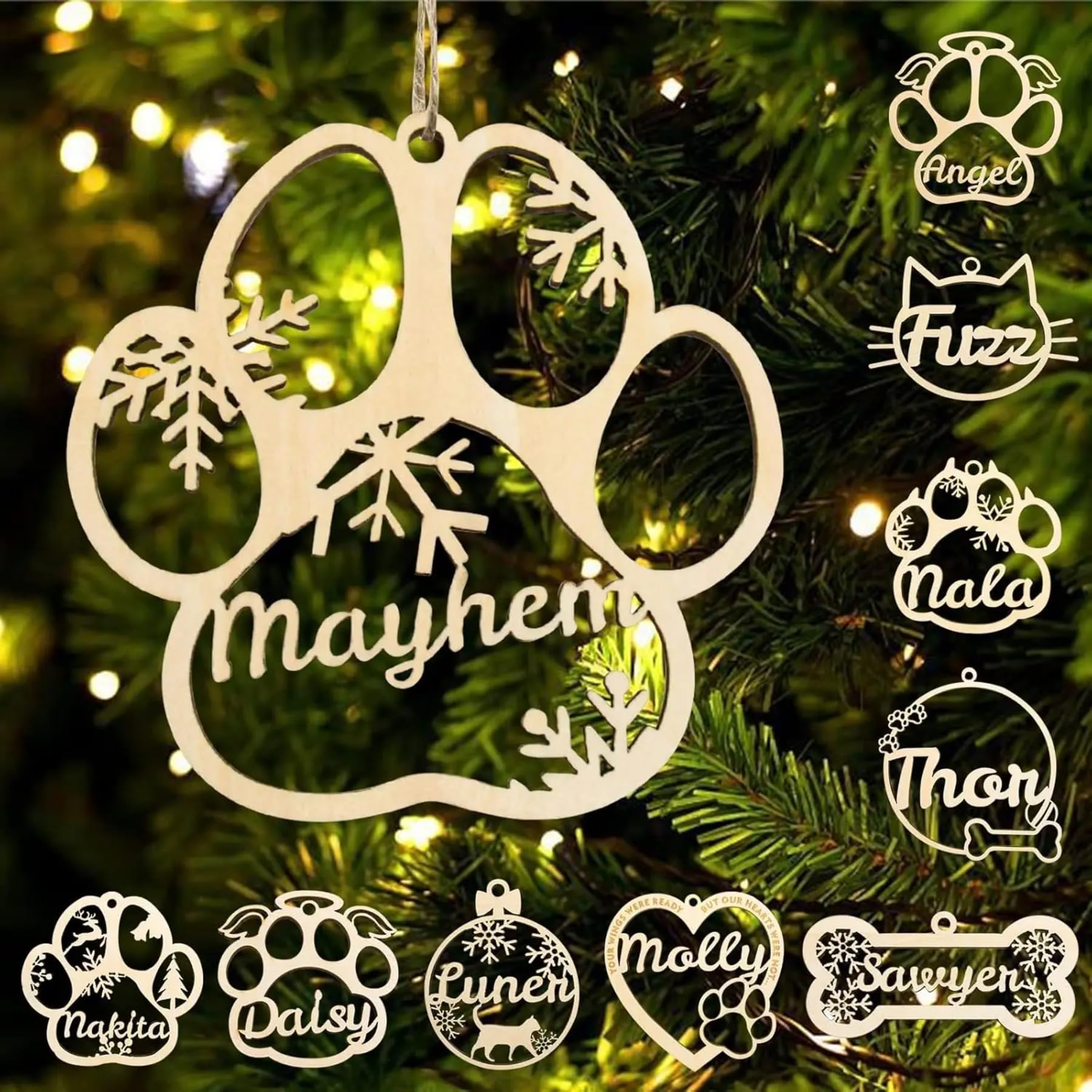 Adorno personalizado con nombre de mascota con diferentes nombres para colgar en el árbol, adorno personalizado de madera para decoración de Navidad, regalo de madera 2024 (20 unidades)