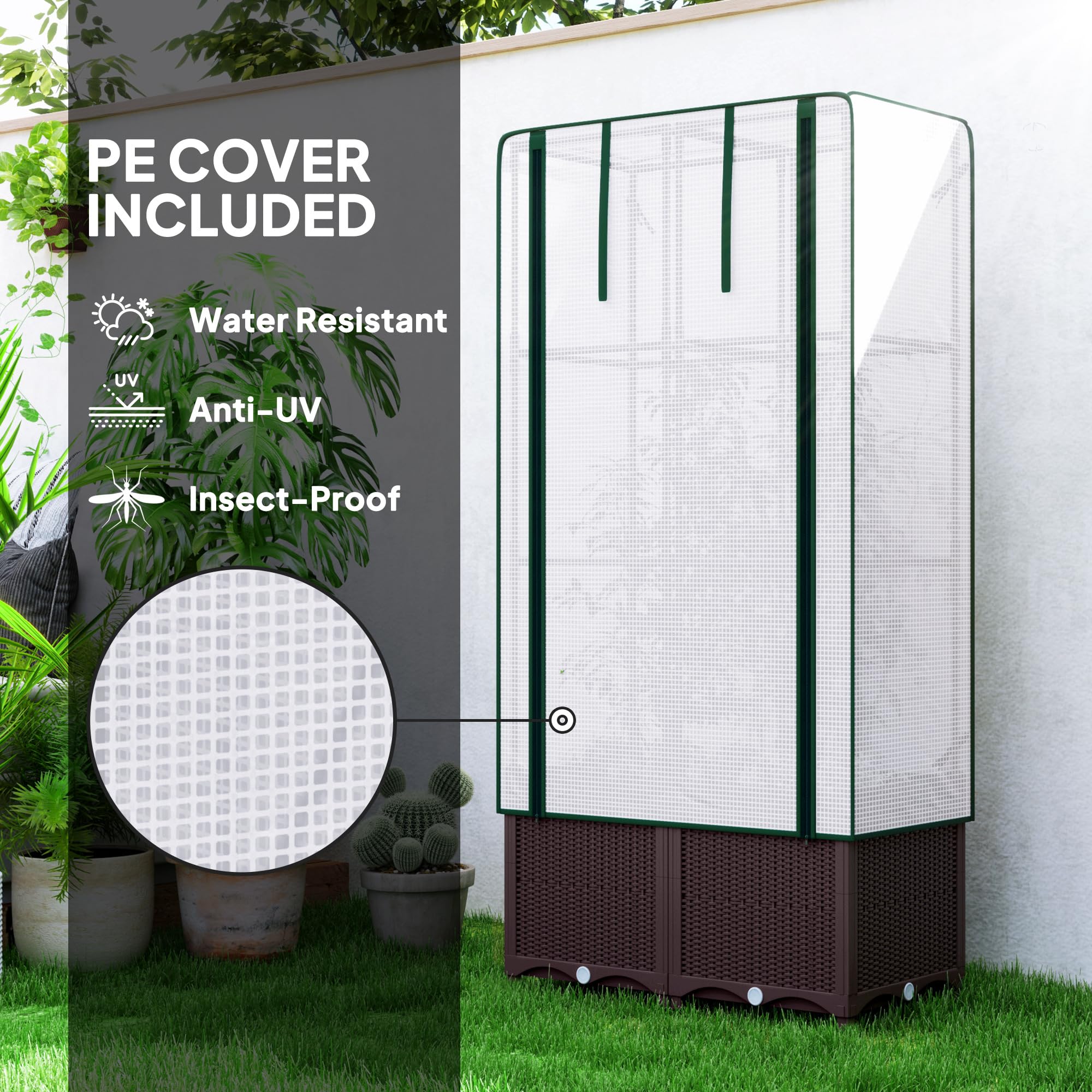 Outsunny Jardinière surélevée avec treillis, jardinière en plastique avec couvercle en polyéthylène, trous de drainage, bouchons de vidange et réservoirs d'eau pour plantes grimpantes, légumes, fleurs
