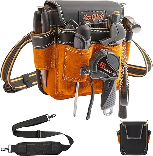 Cinturón de herramientas, 9 bolsillos, cinturones de herramientas de cuero profesional con tirantes para hombres, cinturón de utilidad ajustable