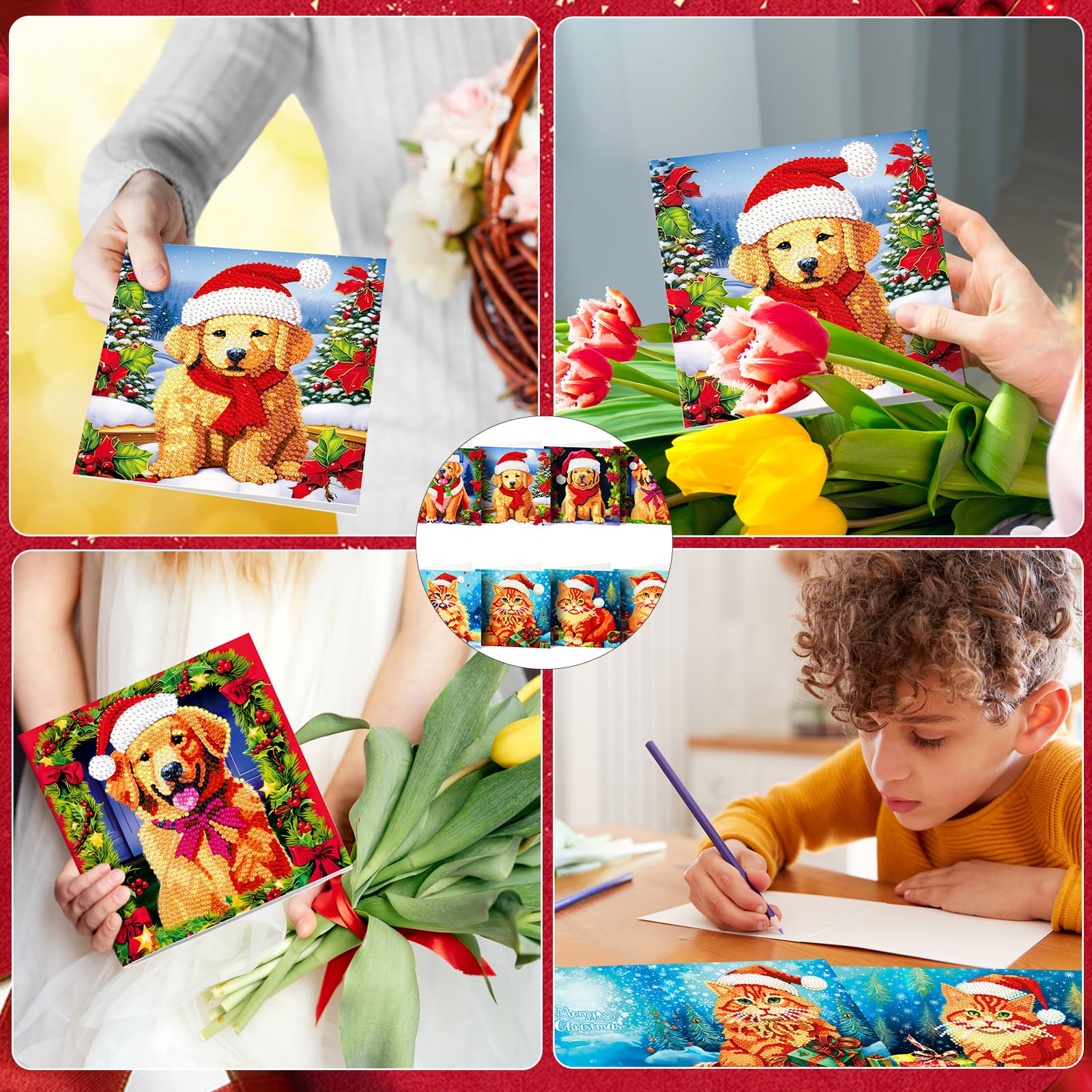 8Pcs Natale diamante pittura carte, Biglietti d'auguri natalizi 5D DIY Animale cane gatto diamante arte biglietti con buste Carte artigianali fatte a mano Regali per Festival di Natale, Capodanno