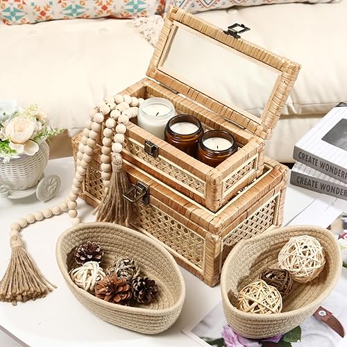 Miniatura 5 de Juego de 2 cajas decorativas de ratán bohemio con tapa de vidrio, cajas apilables rectangulares de caña tejida para exhibir cestas rústicas de