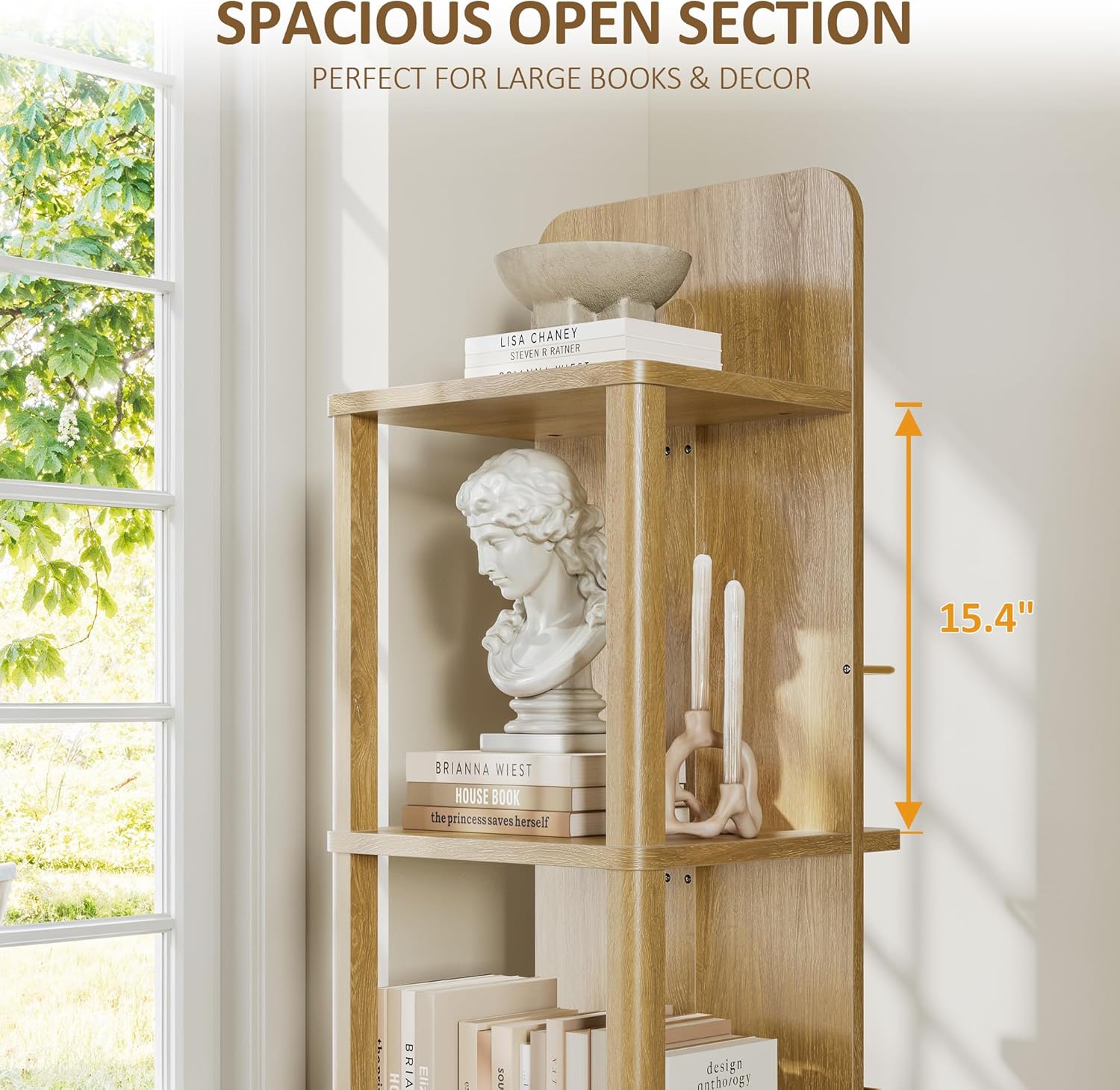 4 Tier Rotating Bookshelf with Light, 360° Spinning Book Shelf Tower with 15.4'' Tall Shelves, Square Revolving Bookcase Organizer, Rolling Bookshelves for Small Space, Corner, Kids Room, Natrual Oak