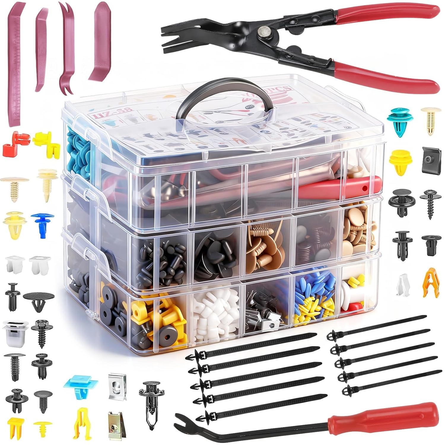 2080PCS Auto Retainer Clips Kit with Fastener Plier, Trim Removal Tools and 3-Layer Organizer Box, 33 Most Common Push Rivets for Car Bumper, Fender, Door Panel and Interior Repair