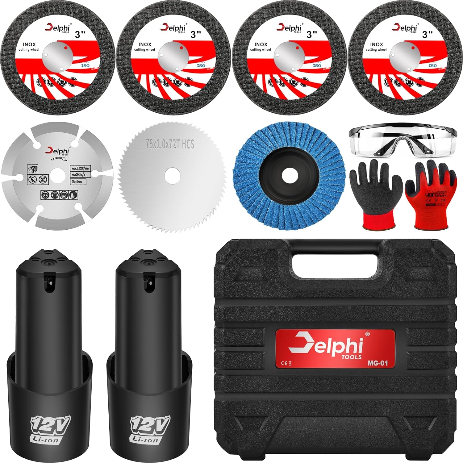 DELPHI Mini akumulatorowa szlifierka kątowa 75mm 12V 2 akumulatory Silnik bezszczotkowy Akumulator Mini Mocna szlifierka do cięcia Mini Akkuflex 7x tarcze tnące z walizką transportową