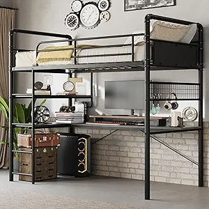GarveeHome Loft Bunk Bed with L-Shaped Desk,Twin Loft Bed with Desk Underneath,Metal Bunk Beds with High Guardrail and Ladder for Kids/Teens/Adults,Easy Assembly, Vintage Black