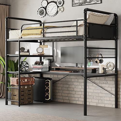 GarveeHome Loft Bunk Bed with L-Shaped Desk, Twin Loft Bed with Desk Underneath, Metal Bunk Beds with High Guardrail and Ladder for Kids/Teens/Adults, Easy Assembly, Vintage Black
