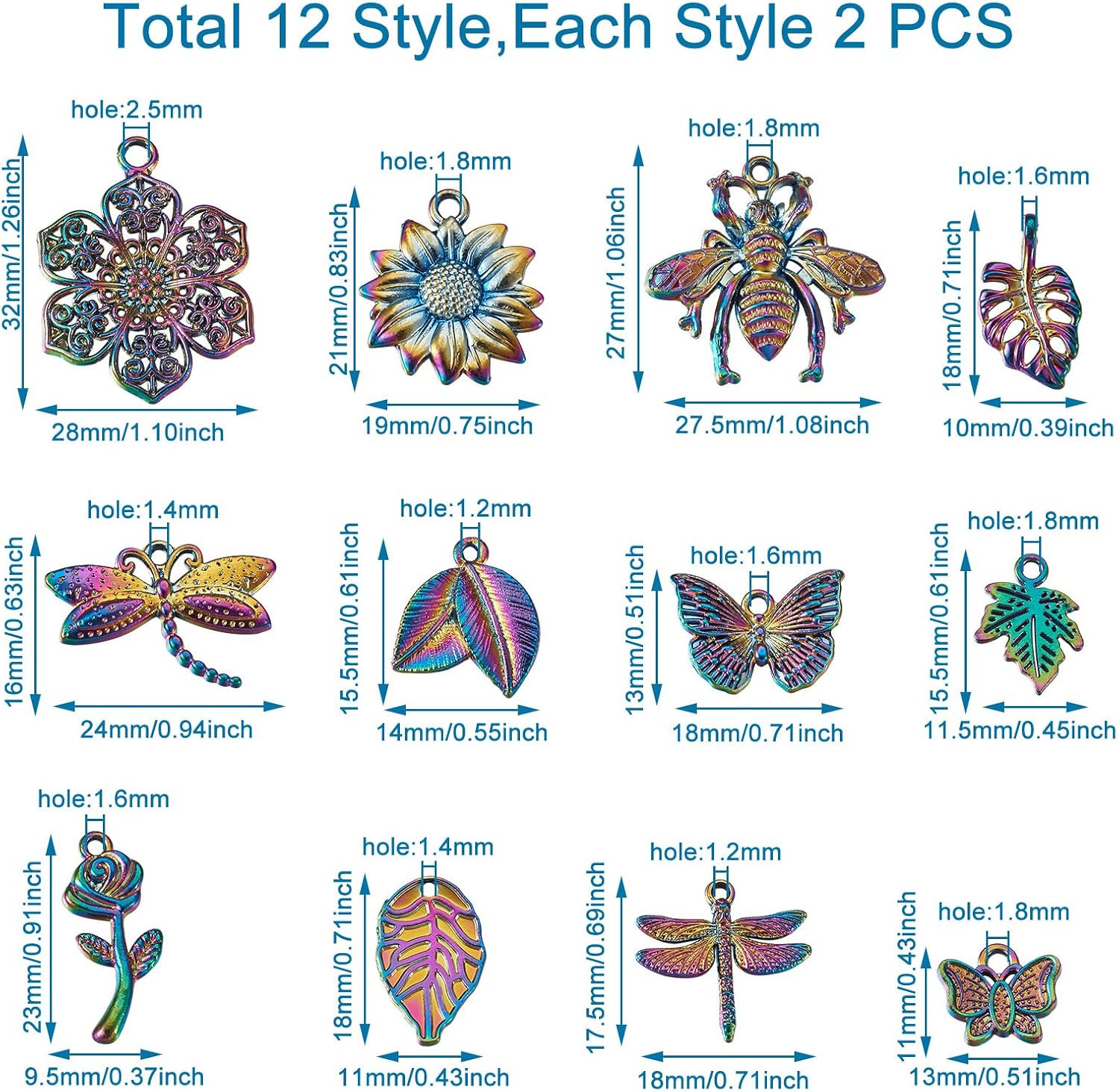 FASHEWELRY 24Pcs Alloy Rainbow Insects Charms Multicolor Dragonfly Flower Leaf Butterfly Pendants Colorful Etched Metal Embellishments for DIY Jewelry Making