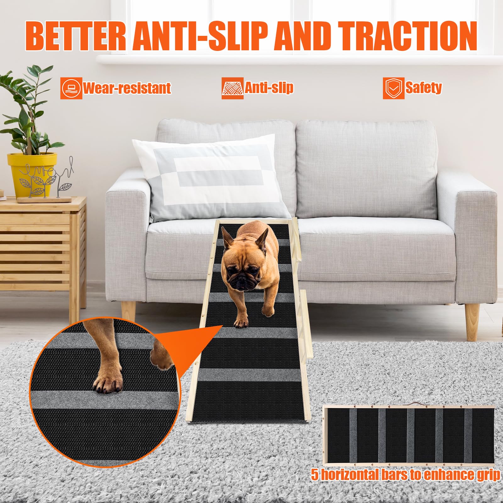 Vielseitige Holzklappbare tragbare Haustierrampe, geeignet für Katzen und Hunde in Allen Größen, 110 cm Lange Rampe mit Verstellbarer Höhe von 12" bis 23,4".Dog Ramps-110ZT,DE