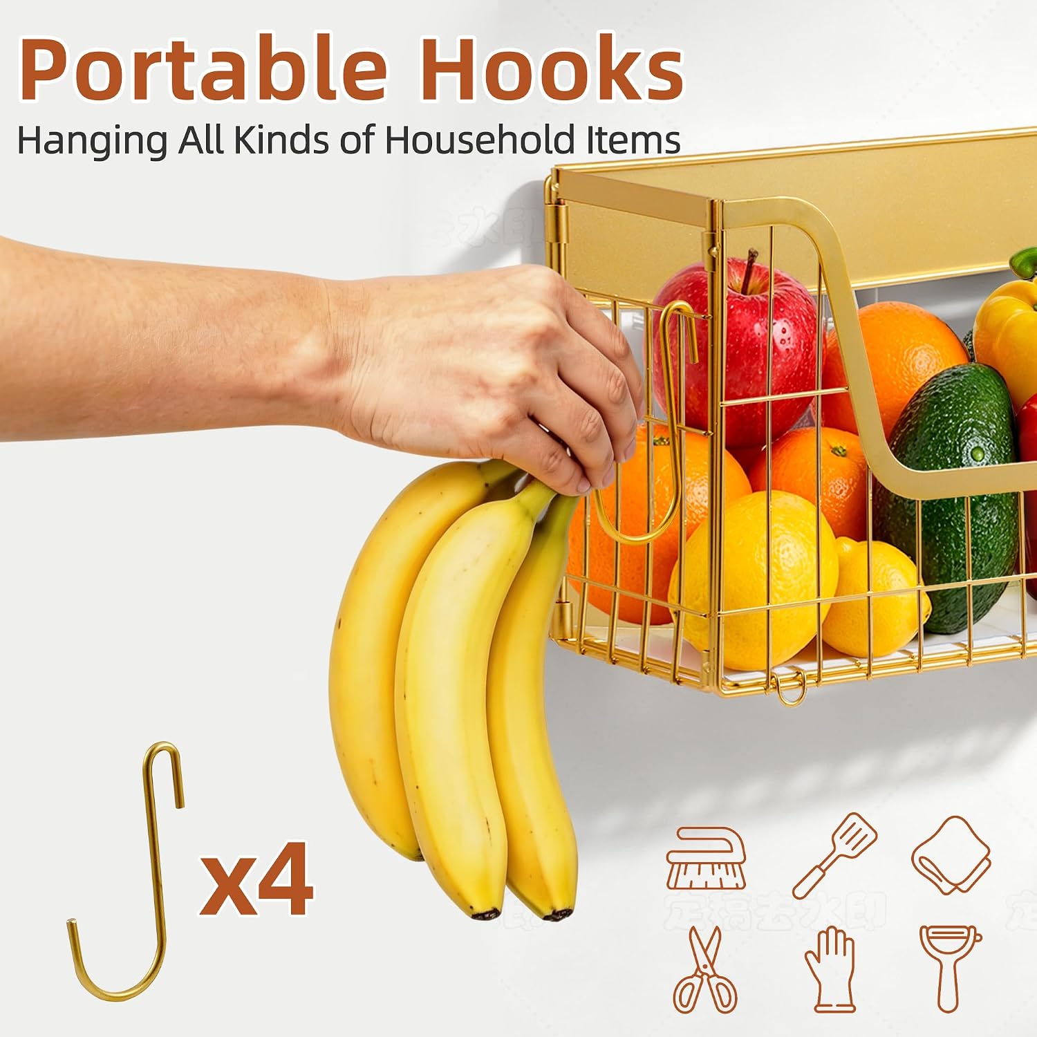 2 Pack Gold Magnetic Shelf for Fridge with Hooks, Strong Magnetic Spice Rack Storage Organizer for Refrigerator, Heavy Duty Carbon Steel Fruit Basket, Potato Onion Bin for Kitchen Counter,Pantry