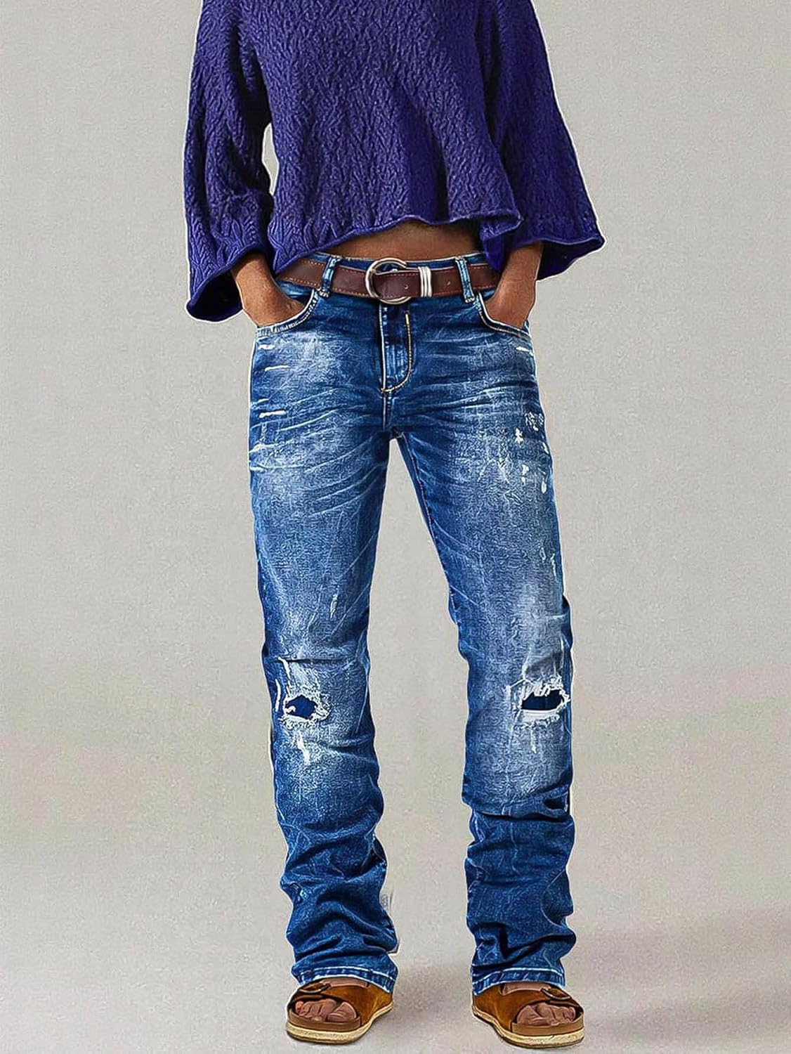 Flamingals Women's Retro Mid Rise Bootcut Flare Jeans Distressed Stitch Stretch Denim Pants Without Belt - Image 4