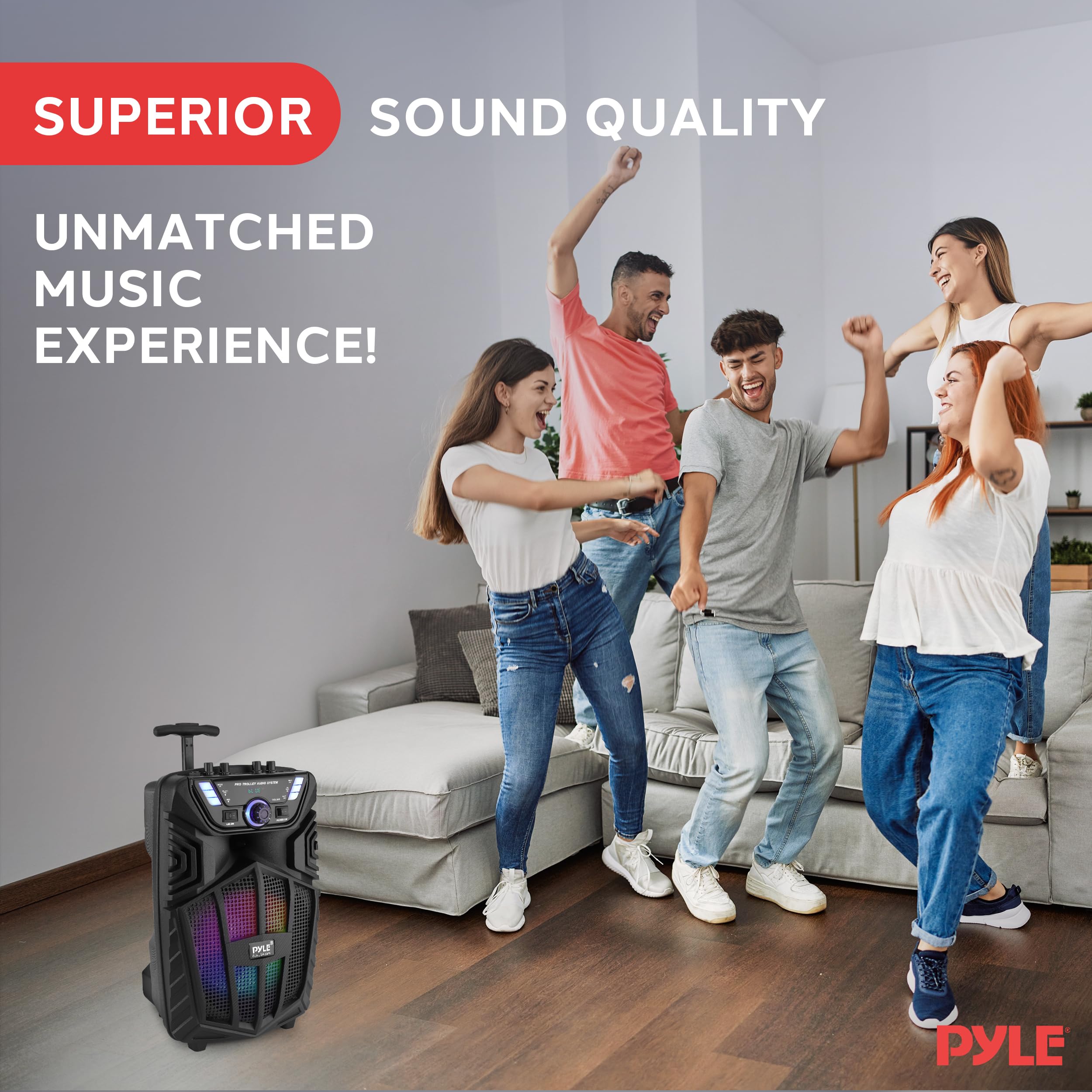 Pyle przenośny głośnik Bluetooth PA 480W – 8” akumulatorowy głośnik karaoke outdoor, system audio z bezprzewodowym mikrofonem i kółkami – TWS, światła imprezowe, wyświetlacz LED, FM/AUX/MP3/USB/SD