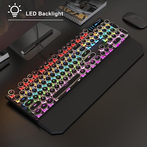 Miniatura 2 de MageGee Teclado mecánico para juegos de máquina de escribir, teclas redondas punk retro negras punk, teclados con cable retroiluminado RGB arco iris