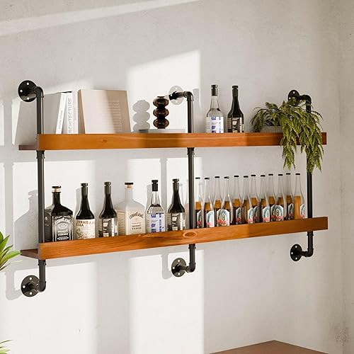 Estante industrial para vino montado en la pared, estante de madera maciza con soportes de tubo de metal, organizador colgante rústico de 2 niveles