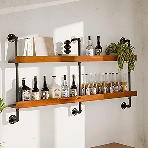 Industrial Wine Rack Wall Mounted, Solid Wood Shelf with Metal Pipe Brackets, 2-Tier Rustic Hanging Organizer for Wine Bottle Storage in Kitchen, Bar, Pub, Cellar(Walnut Brown, 60 Inch)