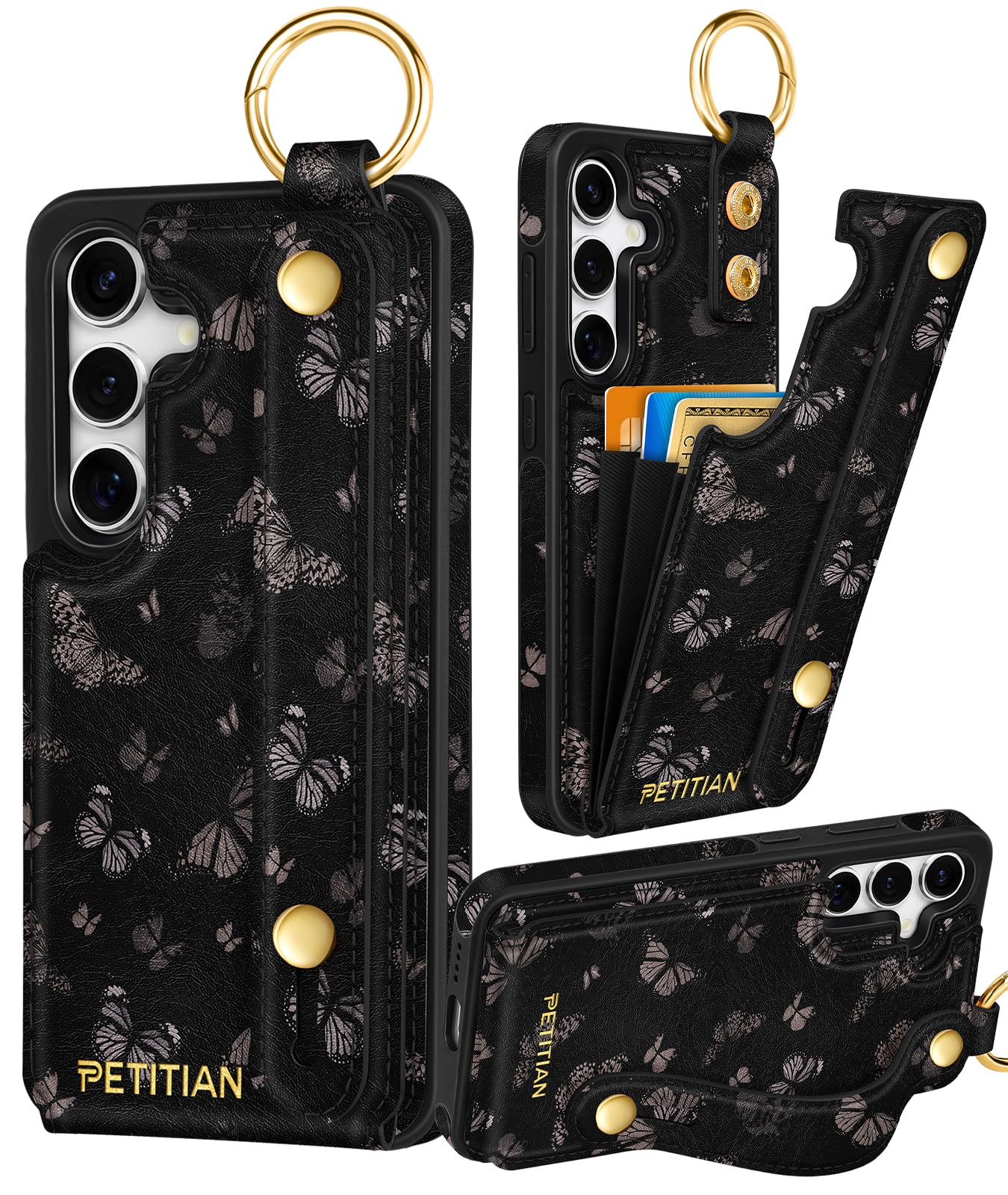 petitian for samsung galaxy s23 fe case with wallet - women girls cute girly aesthetic unique design leather credit card holder cardholder stand wristband for s23 fe, black butterfly